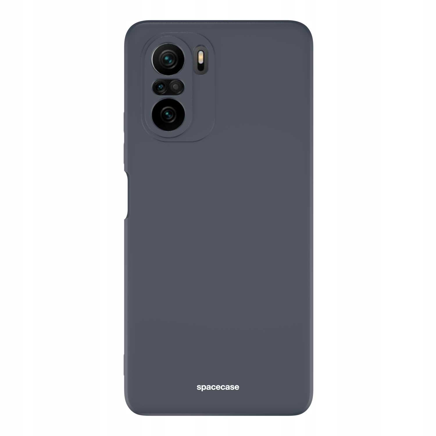 Ciemnoszare etui na telefon z wycięciami na aparat i logo 'spacecase' na dole.