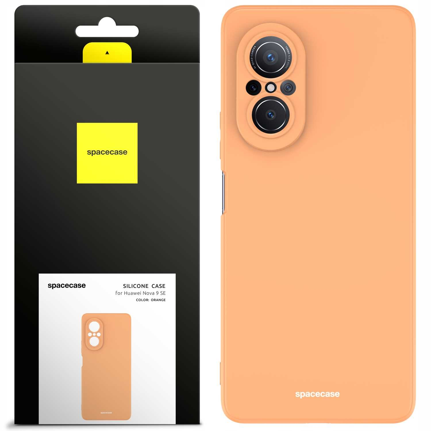 Pomarańczowe etui na telefon i jego opakowanie. Etui jest przeznaczone do telefonu i ma wycięcie na aparat.