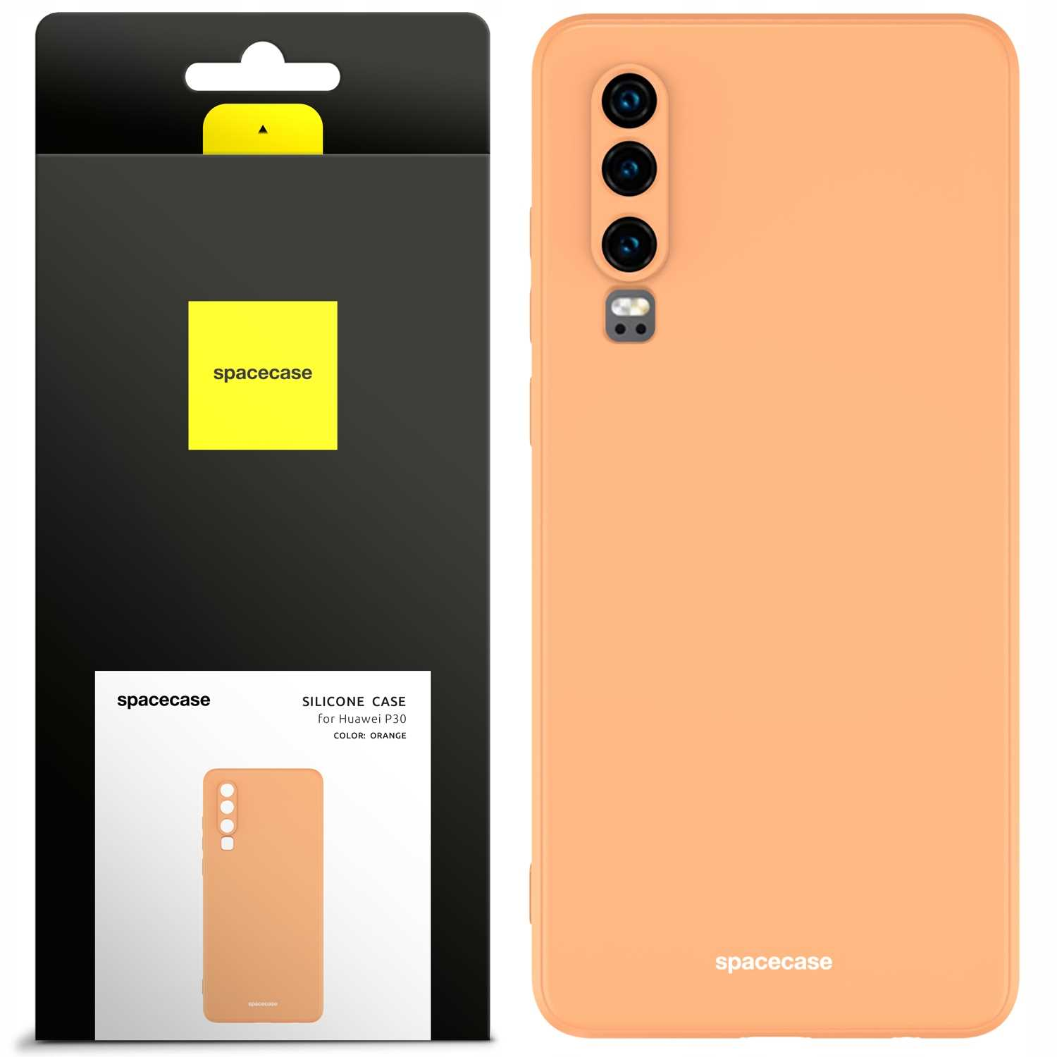 Pomarańczowe etui na telefon i jego opakowanie. Etui ma wycięcie na aparat i branding.