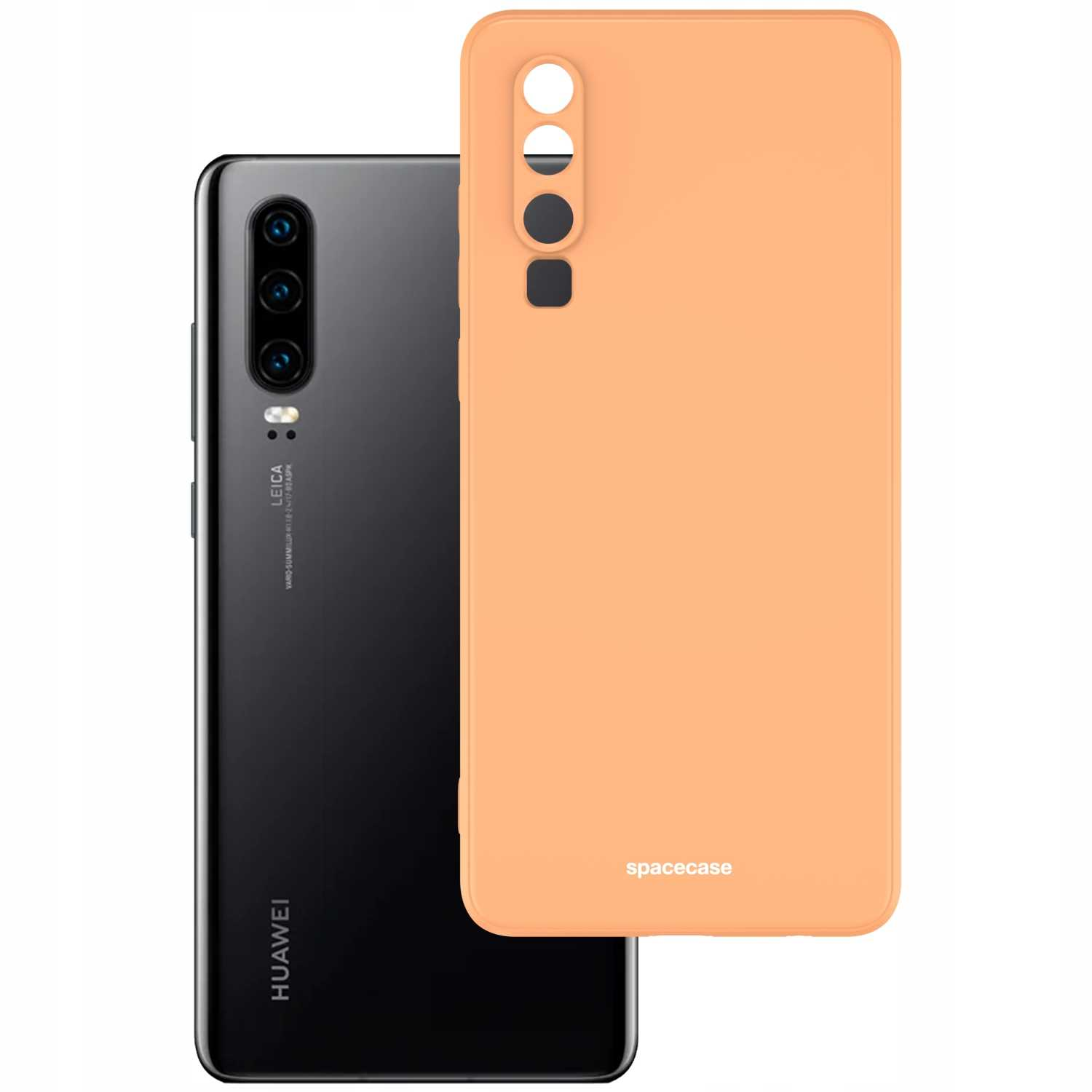 Czarny telefon Huawei obok pomarańczowego etui na telefon Spacecase.