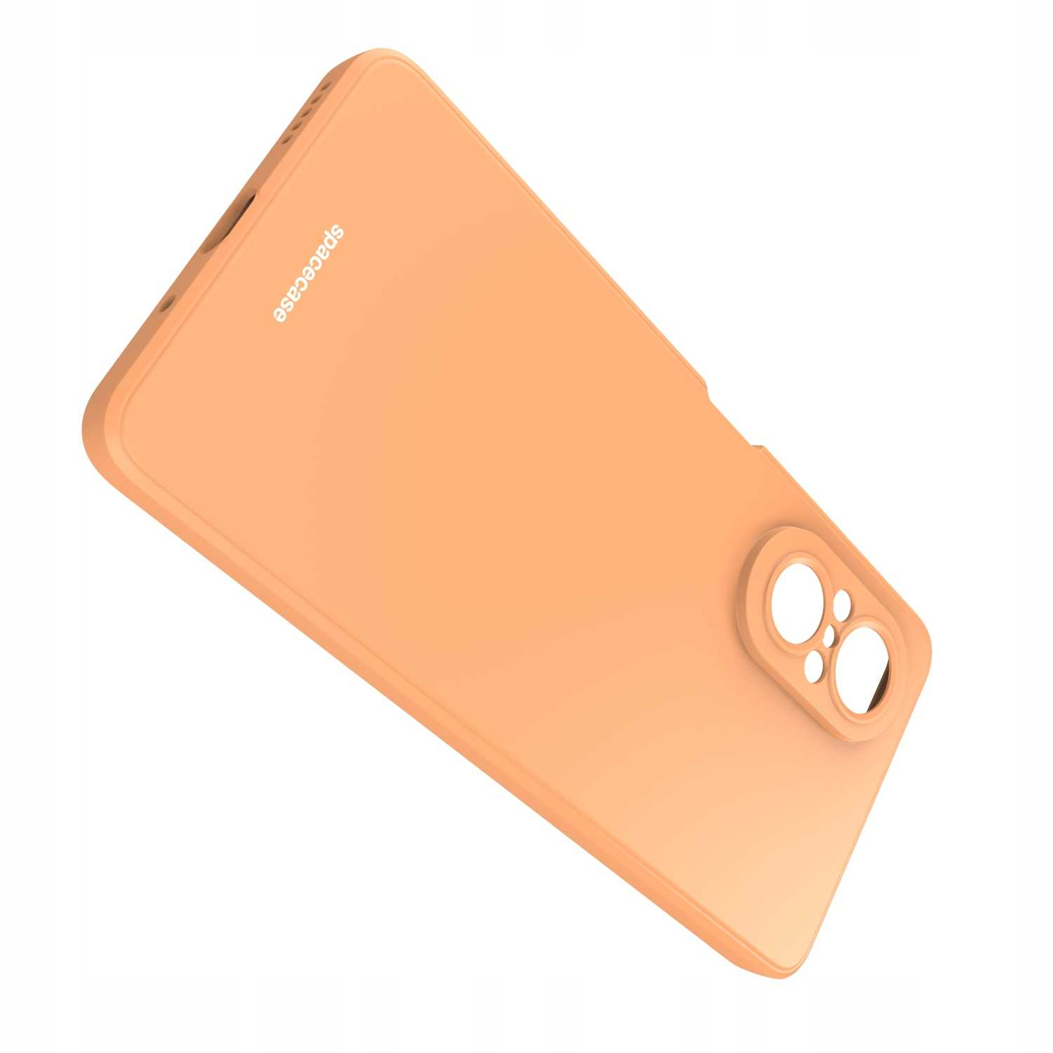 Pomarańczowe etui na telefon Spacecase pod kątem na białym tle.