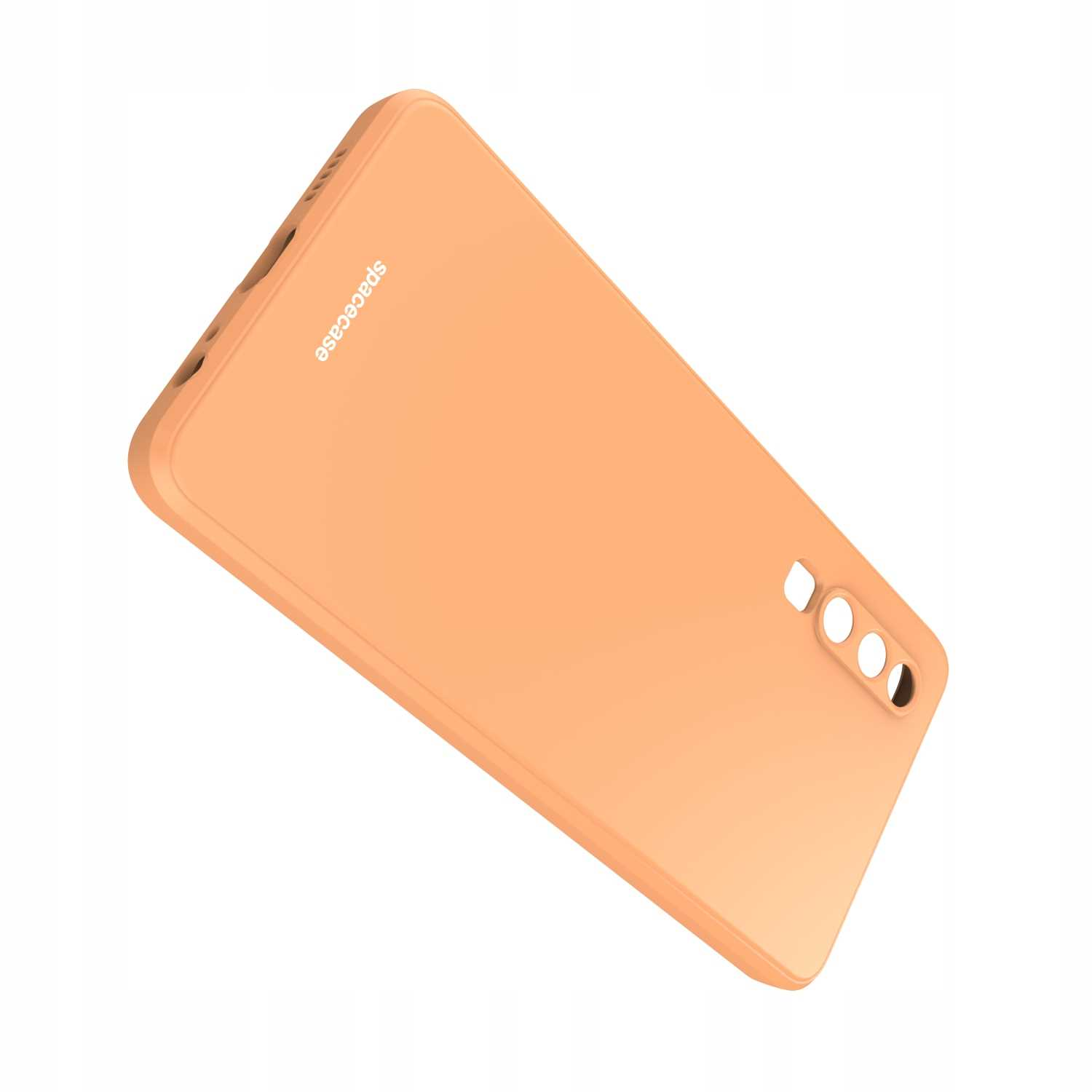 Pomarańczowe etui na telefon Spacecase pod kątem na białym tle.