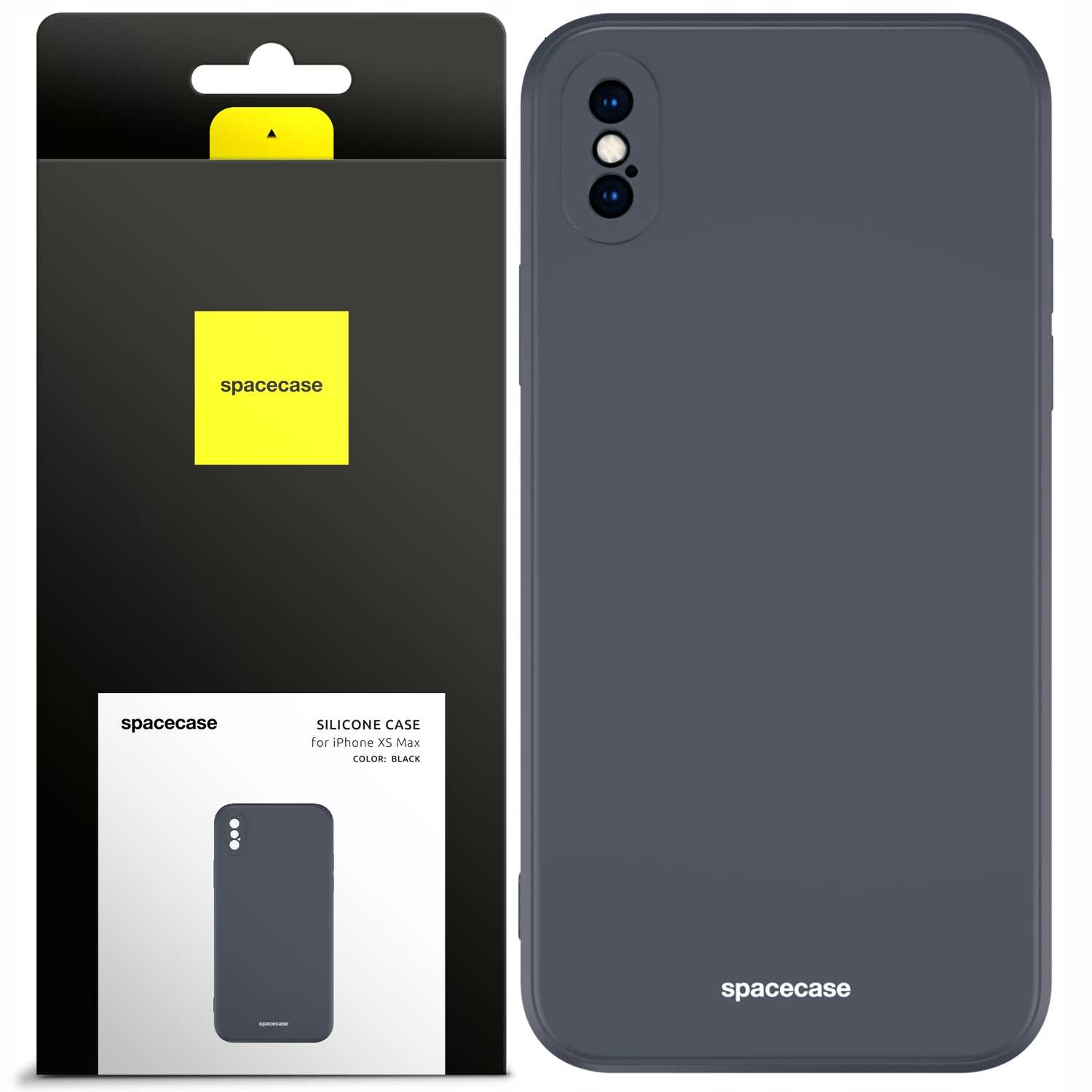 Czarne etui na telefon i opakowanie. Na etui napis 'spacecase'.