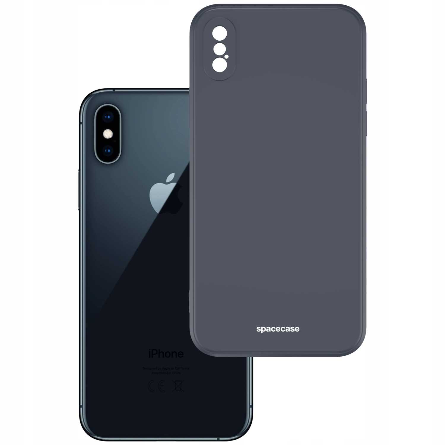 Czarne etui na telefon obok czarnego telefonu. Na etui napis 'spacecase'.
