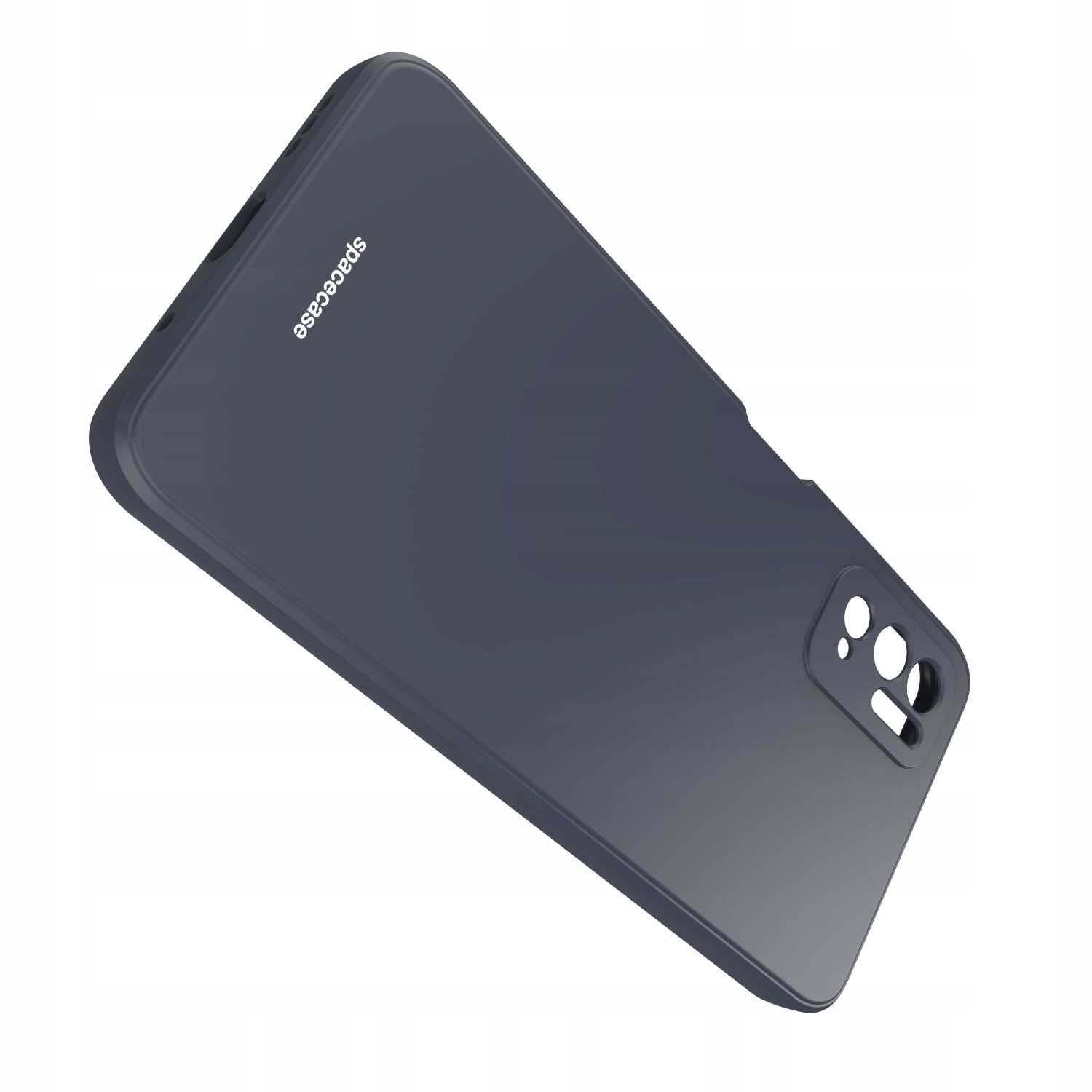 Ciemnoszare etui na telefon z trzema otworami na aparat i słowem „spacecase” wydrukowanym z boku.