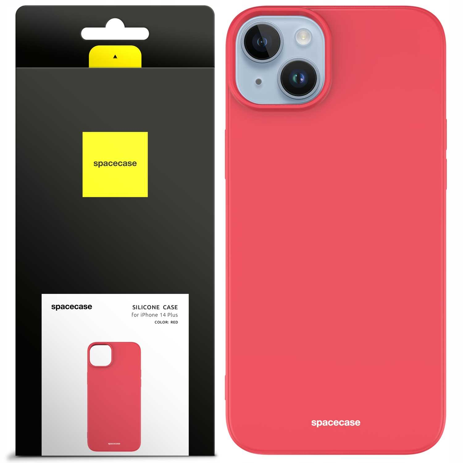 Czerwone silikonowe etui na iPhone'a 14 Plus z opakowaniem, prezentujące markę „spacecase” i wygląd aparatu.