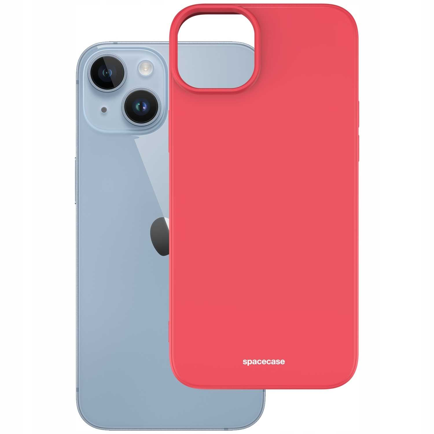 Czerwone etui Spacecase na iPhone'a obok niebieskiego iPhone'a 14, oba na białym tle.