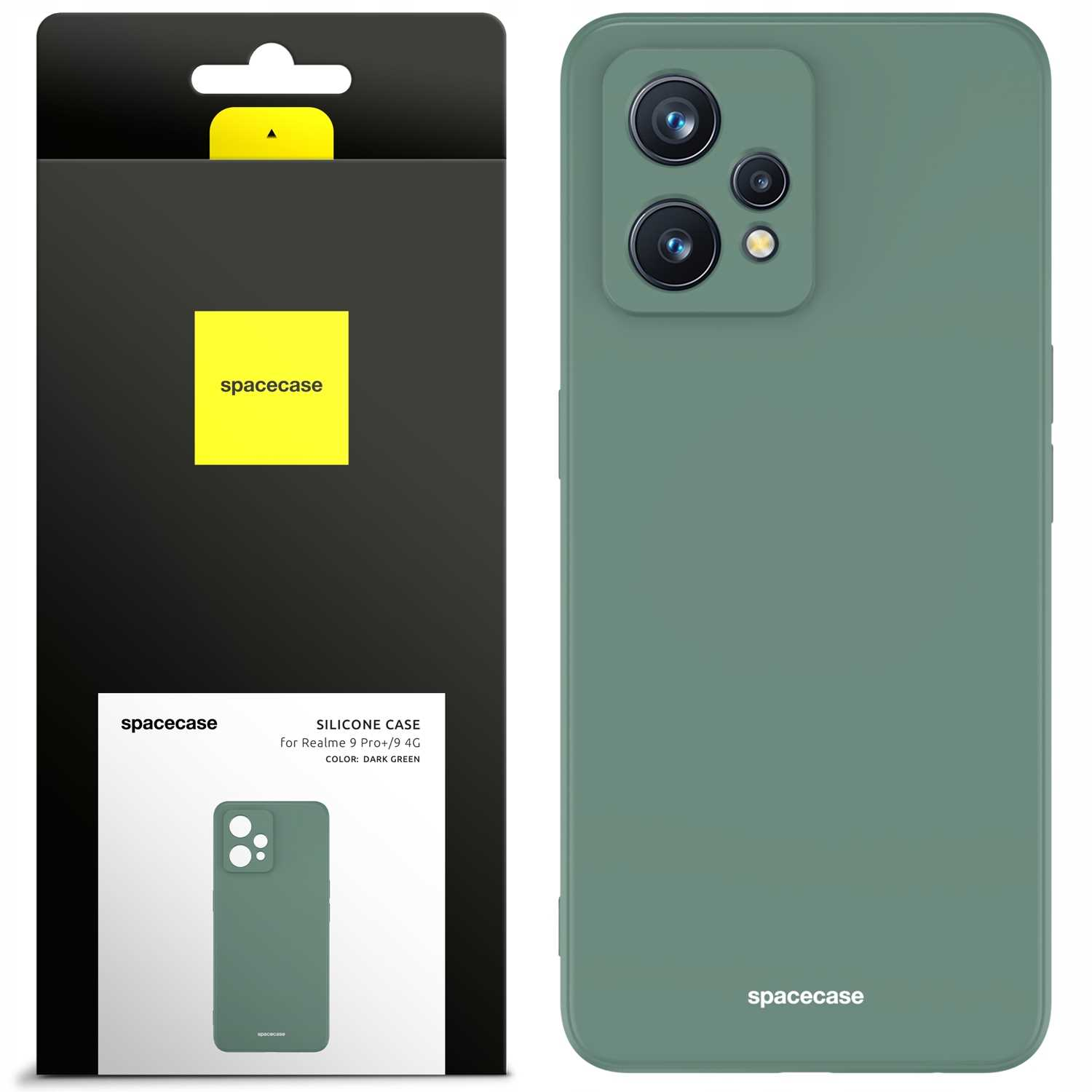 Ciemnozielone silikonowe etui na Realme 9 Pro+/9 4G z opakowaniem, prezentujące markę „spacecase”.