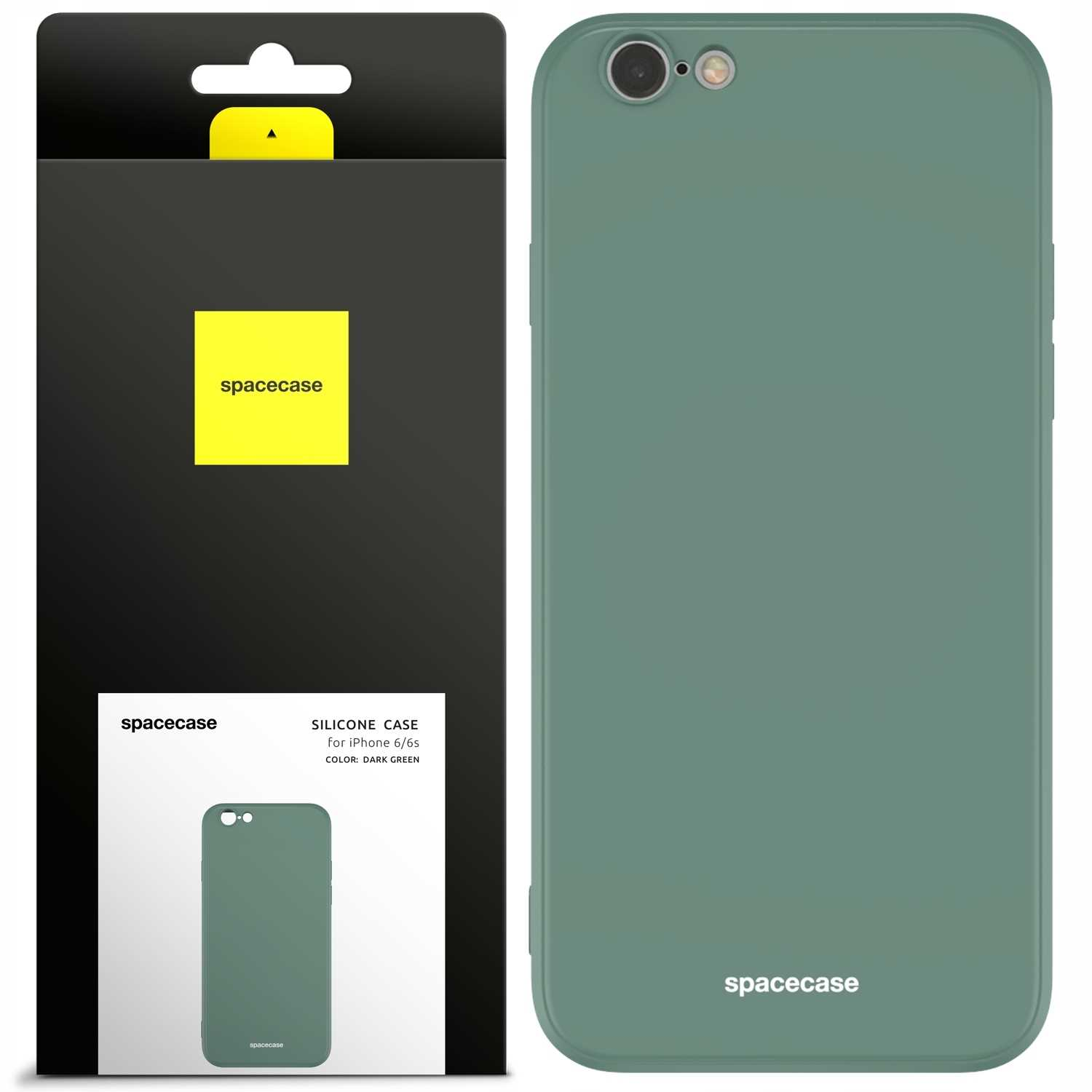 Ciemnozielone etui na telefon i opakowanie. Opakowanie ma żółte logo Spacecase na czarnym tle.