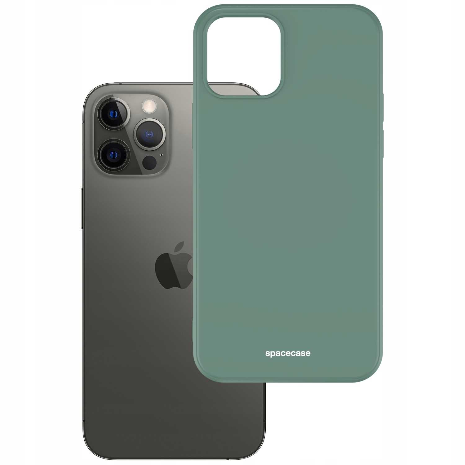 Zielone etui Spacecase na iPhone'a obok szarego iPhone'a 13 Pro, oba na białym tle.