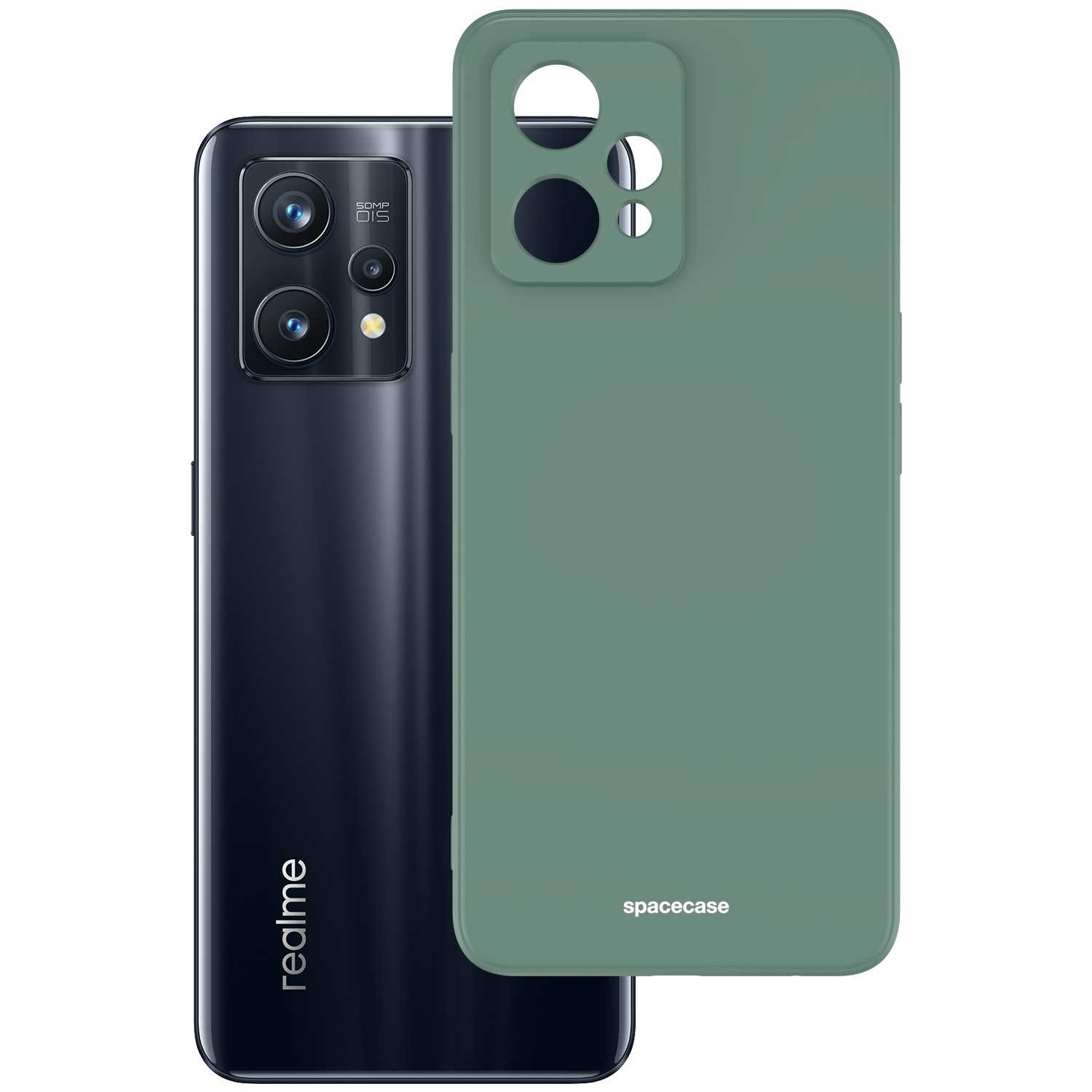 Czarny smartfon obok turkusowego etui na telefon. Etui ma otwory na kamery i przyciski.