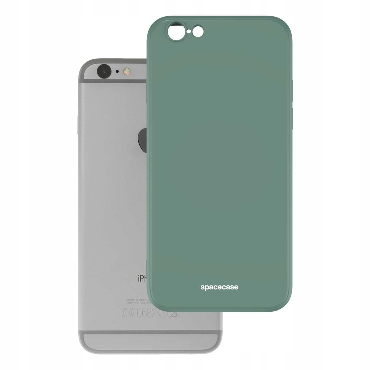 Srebrny telefon obok ciemnozielonego etui na telefon z logo „spacecase”.