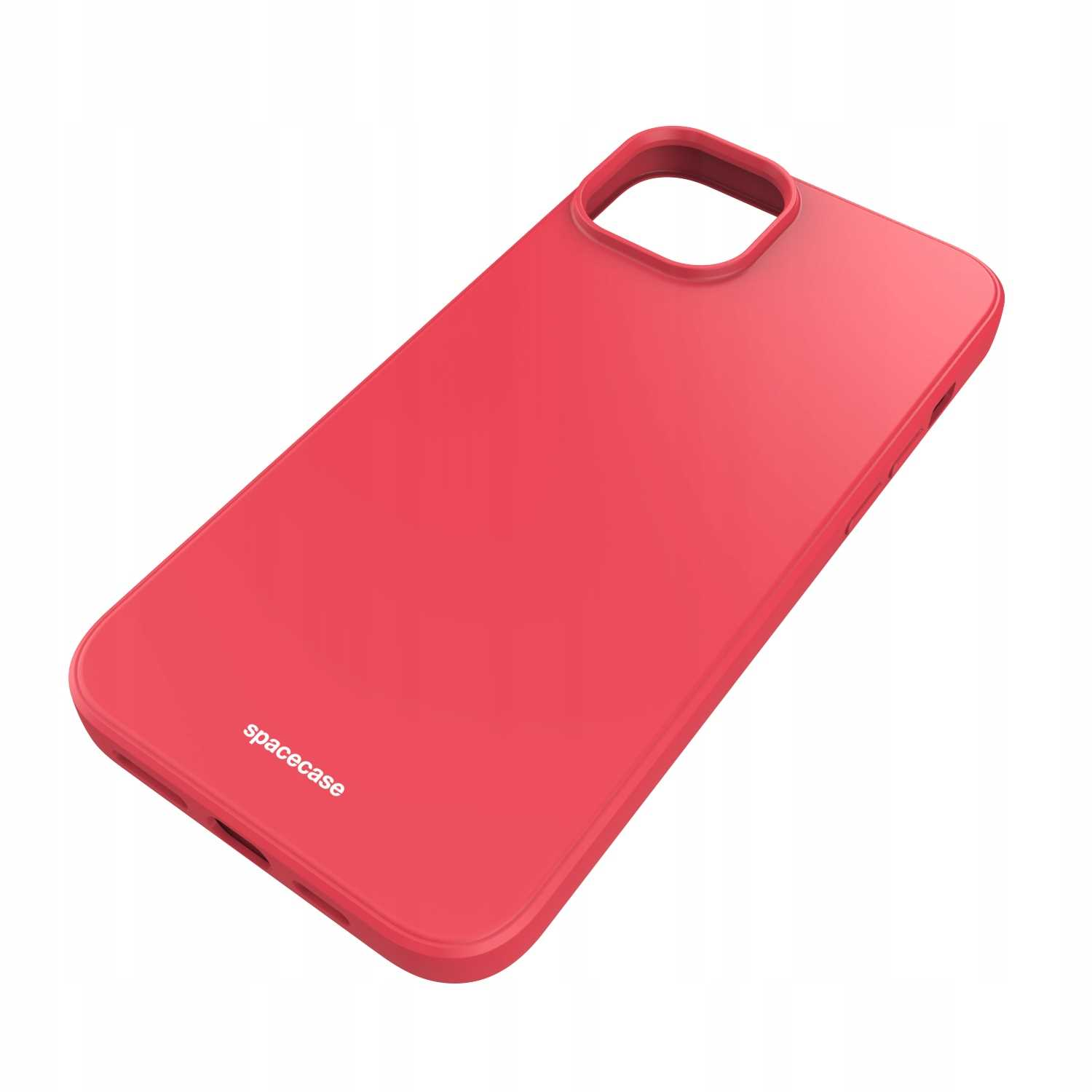 Czerwone etui na telefon o zaokrąglonych krawędziach. Na etui nadrukowano markę 'spacecase'.