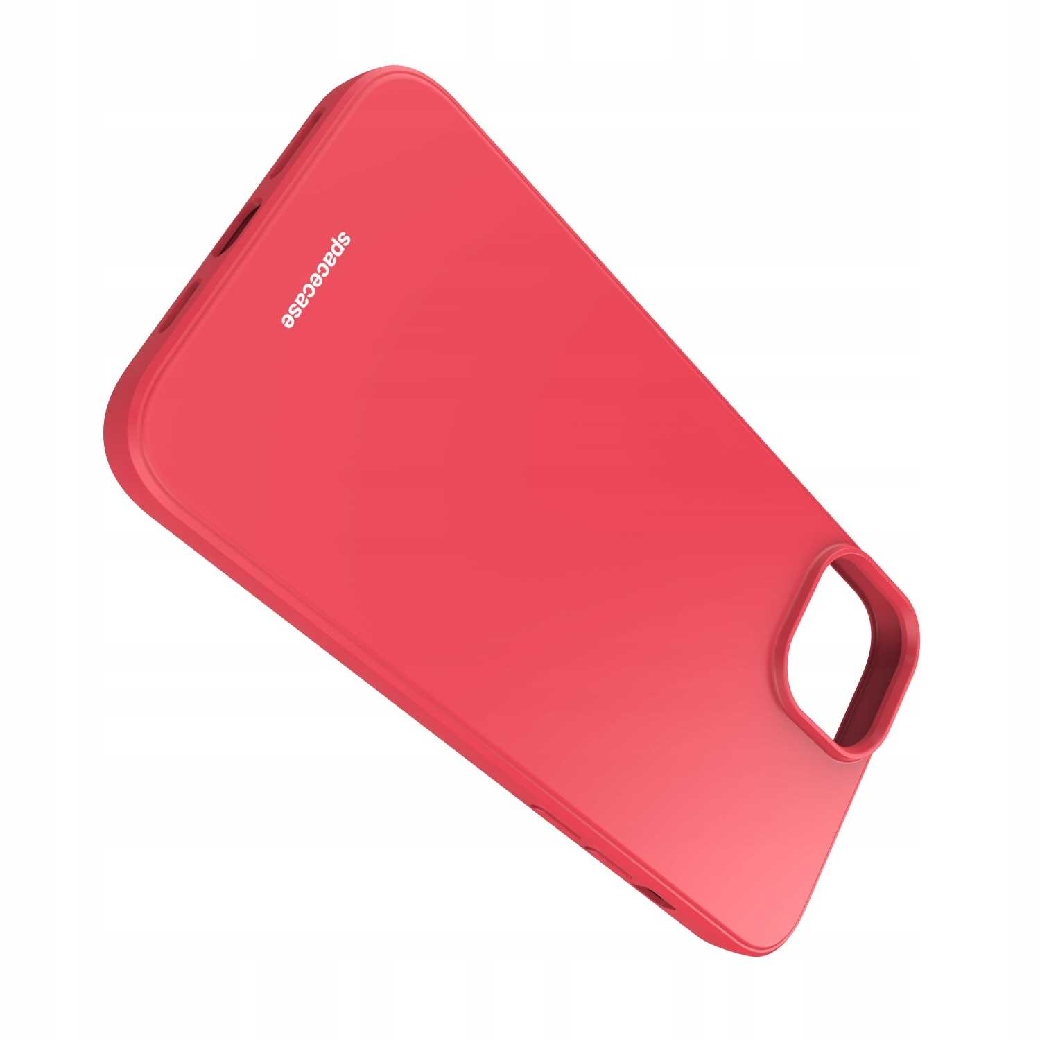 Czerwone etui na telefon o zaokrąglonych krawędziach. Na górze etui nadrukowano 'spacecase'.