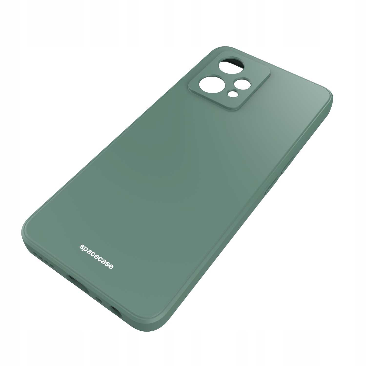 Zielone etui na telefon z wycięciem na aparat. Widoczna marka spacecase. Białe tło.