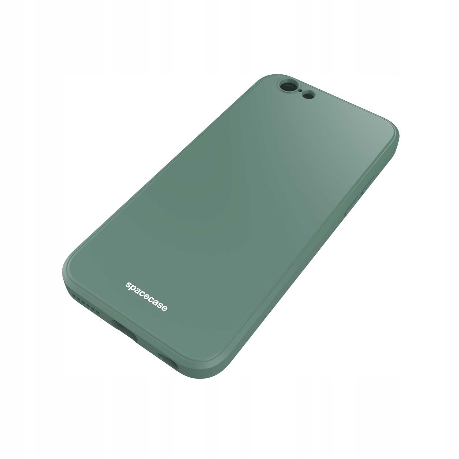 Ciemnozielone etui na telefon odizolowane na białym tle. Etui ma logo „spacecase” z boku.