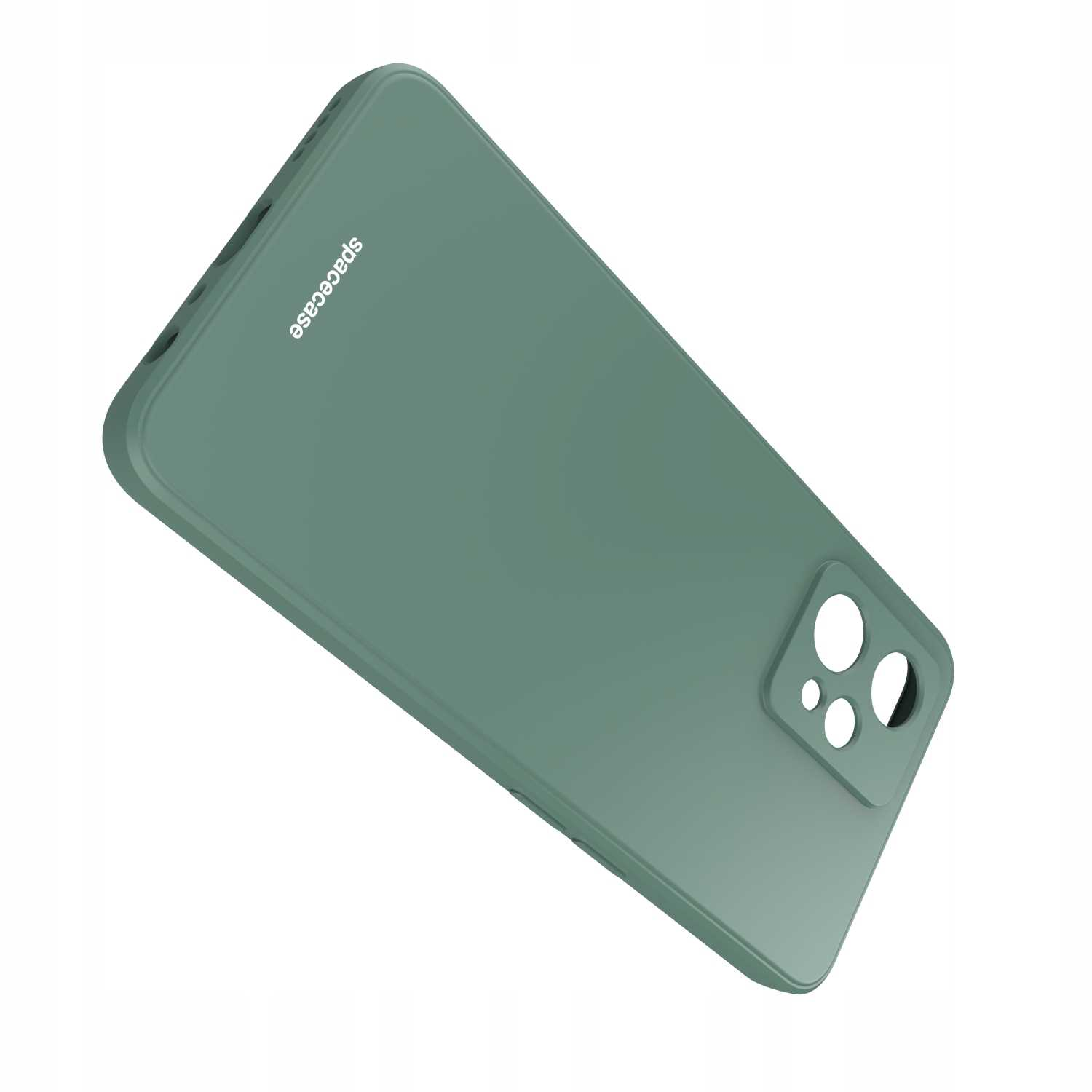 Widok z boku na zielone etui na telefon z wycięciem na aparat. Widoczna marka spacecase.