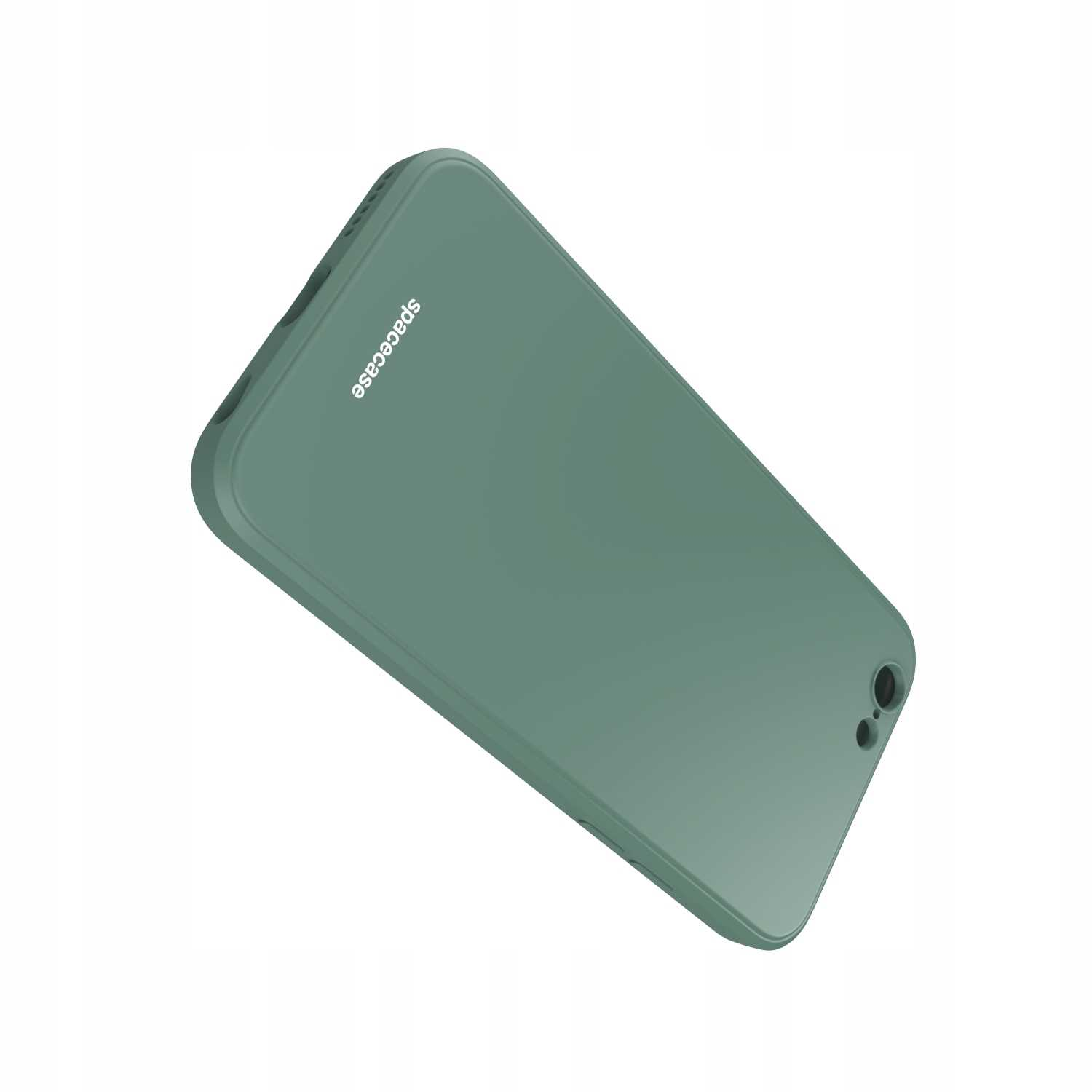 Zielone etui na telefon, widok z góry, logo 'spacecase'. Białe tło.