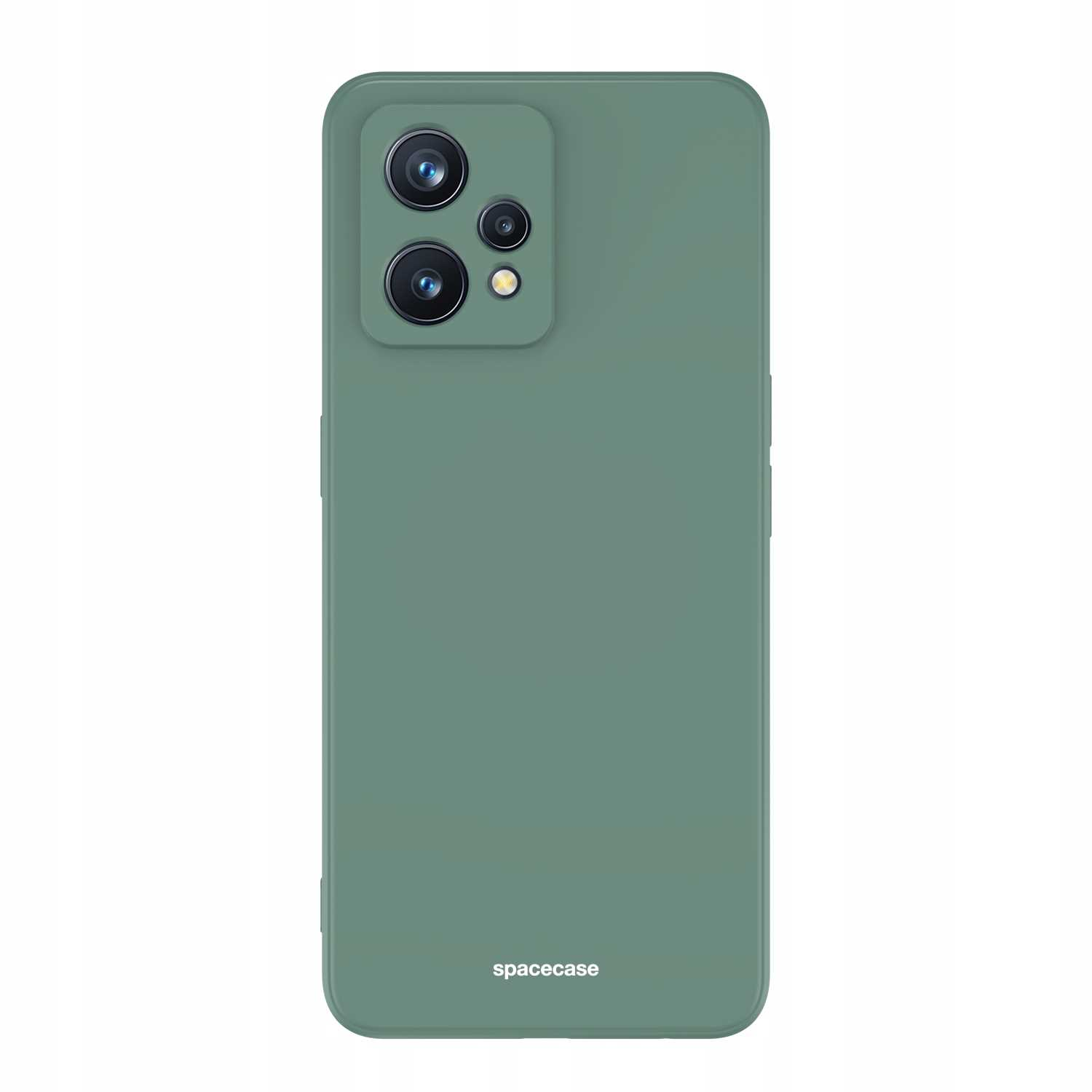 Zielone etui na telefon z obiektywami aparatu. Widoczna marka spacecase. Białe tło.