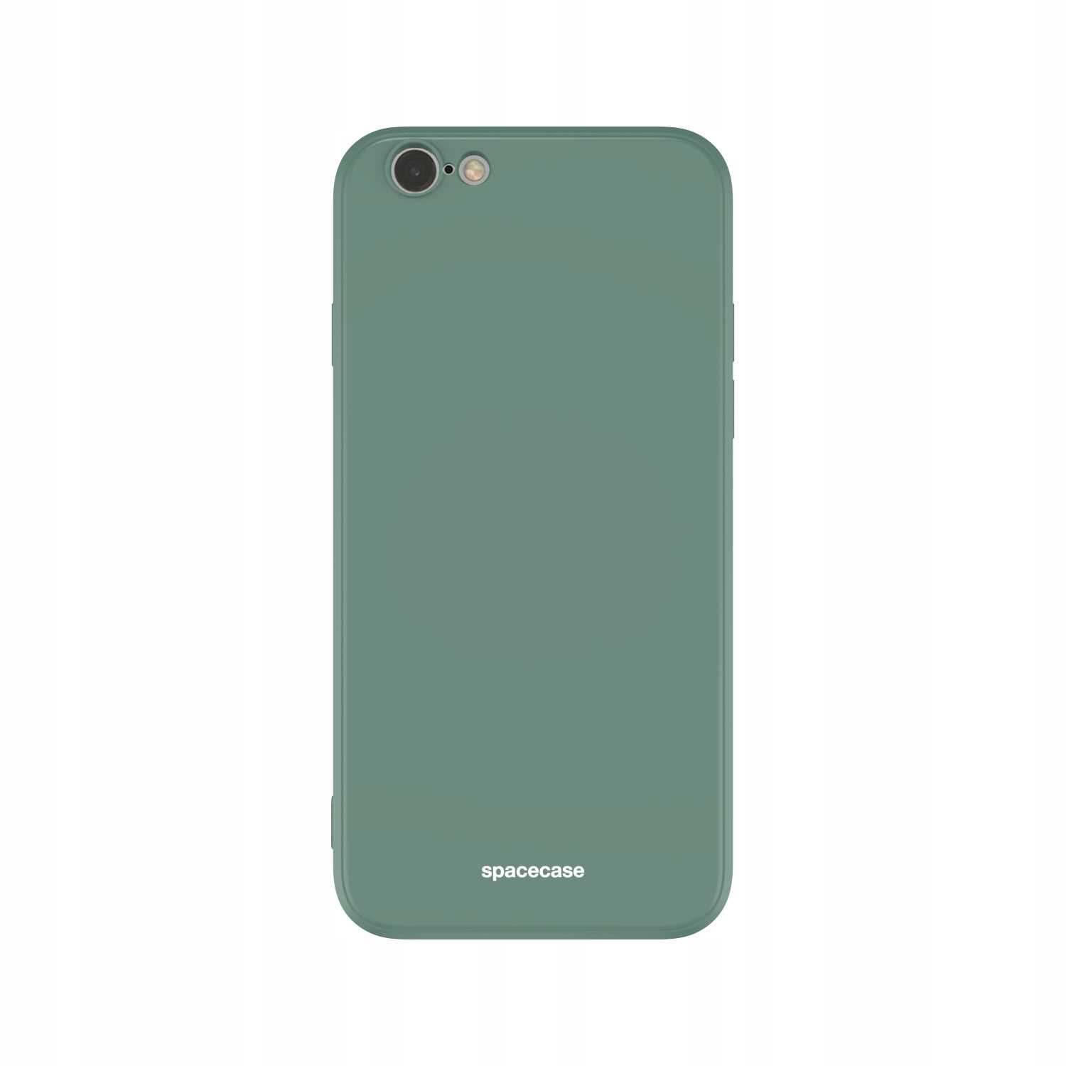 Zielone etui na telefon, wyśrodkowane. Logo 'spacecase'. Białe tło.