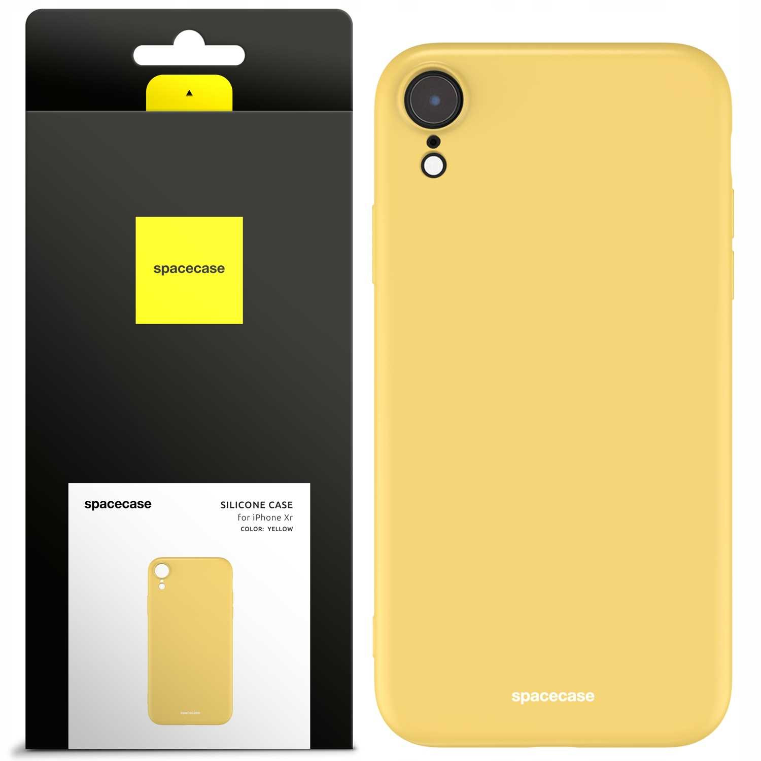 Żółte etui na telefon z opakowaniem prezentuje elegancki design, wycięcia na aparat i logo 'spacecase'.
