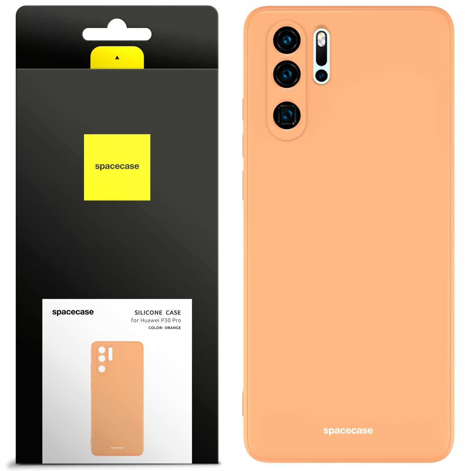 Pomarańczowe etui na telefon z opakowaniem posiada wycięcia na aparat i branding 'spacecase', na neutralnym tle.