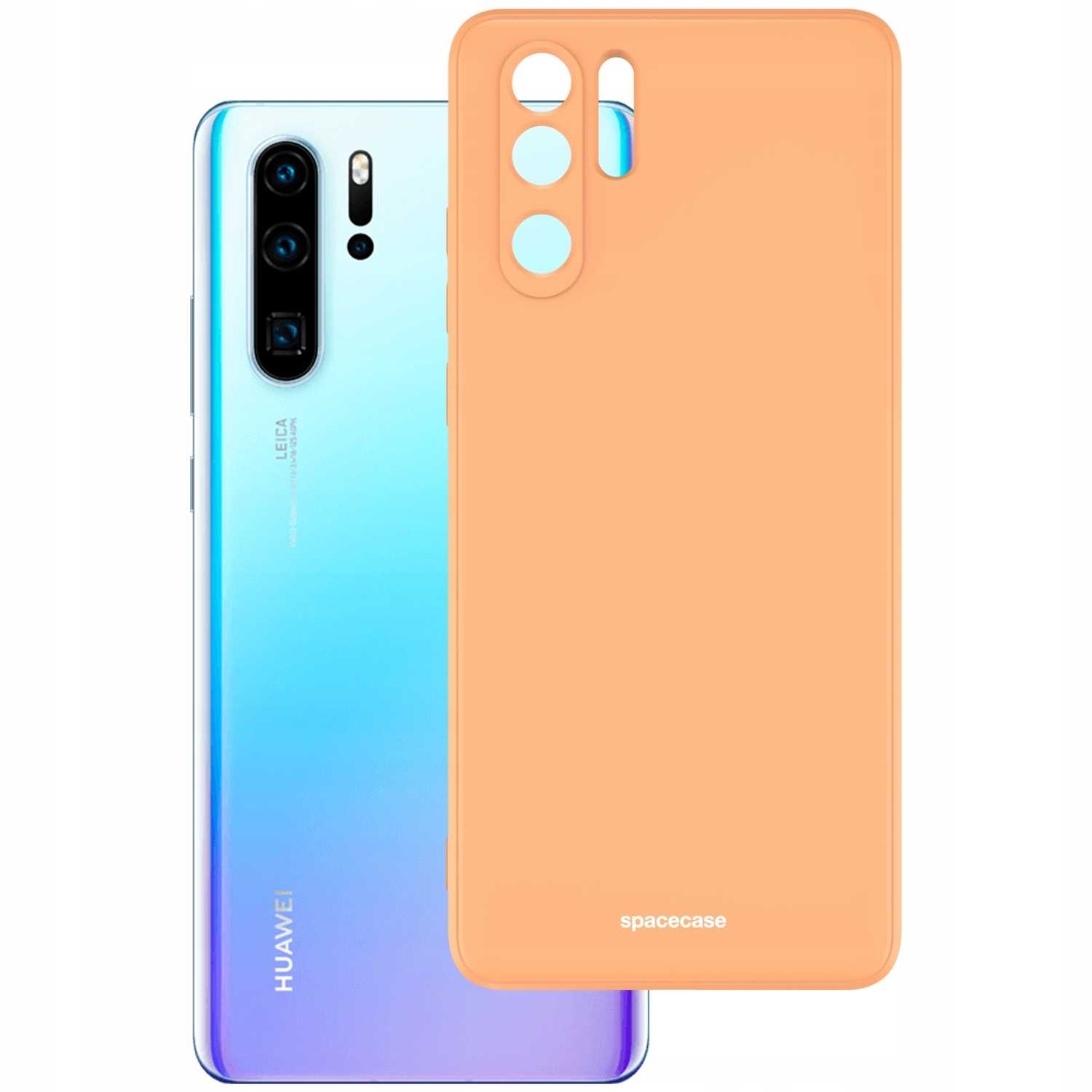 Telefon z gradientem niebieskim leży obok pomarańczowego etui 'spacecase', oba na białym tle. Skup się na kontraście kolorów.