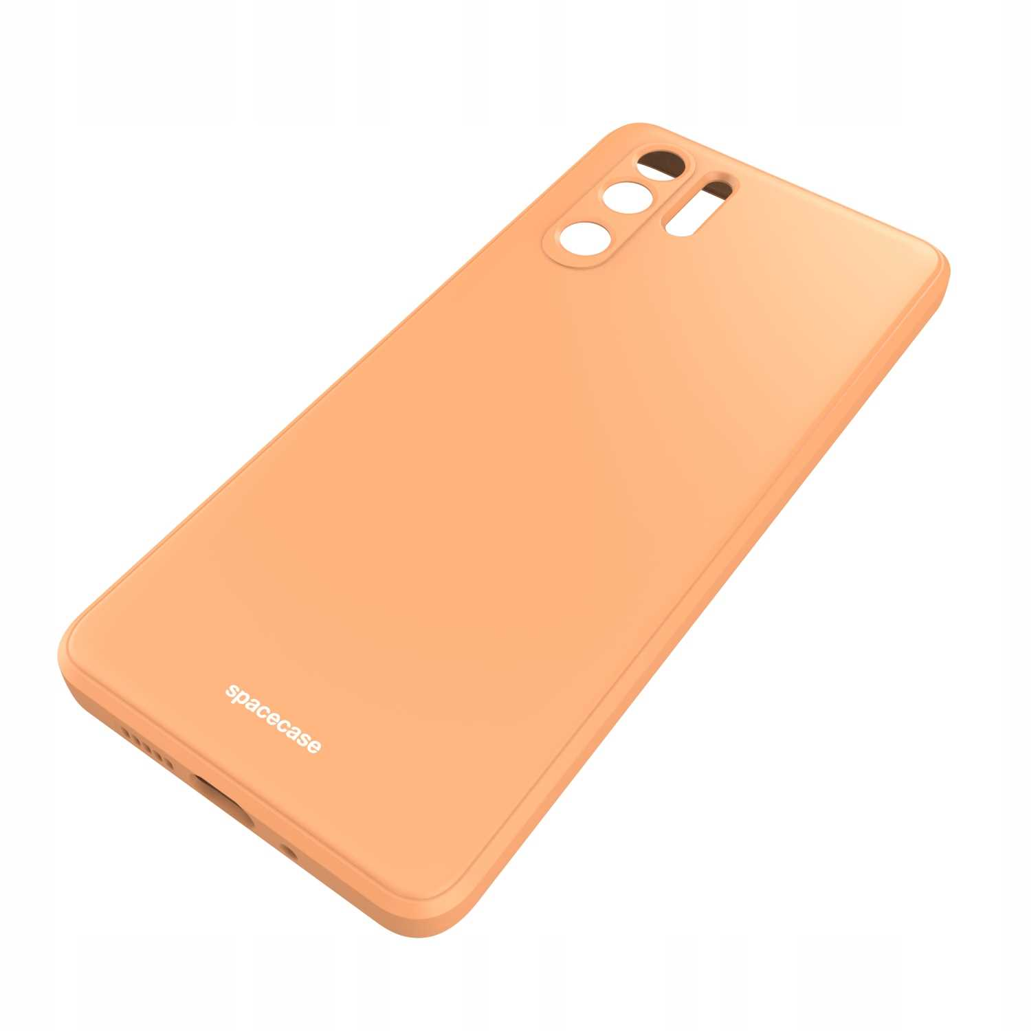 Pomarańczowe etui na telefon 'spacecase' jest ustawione pod kątem na białym tle, prezentując jego design i logo marki.