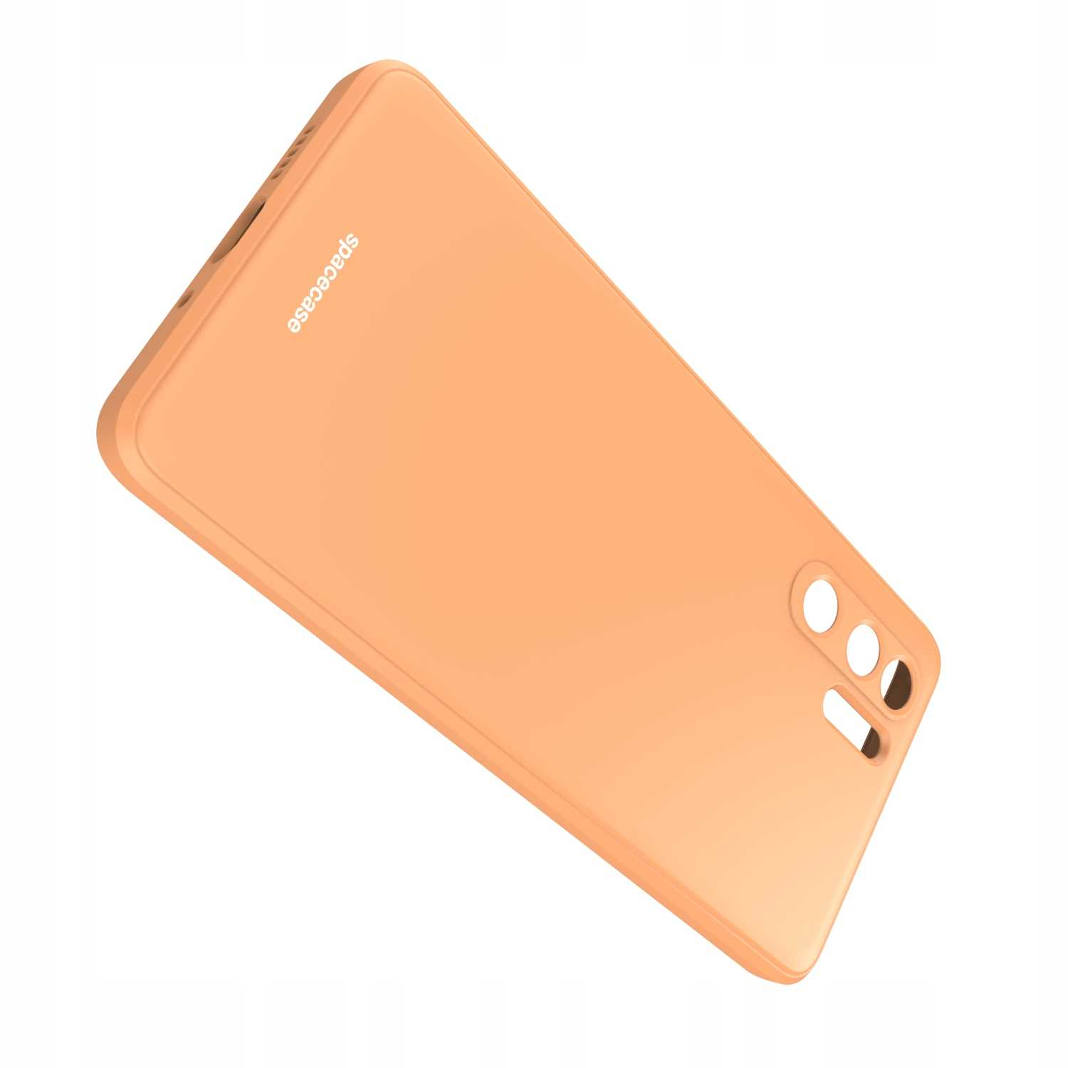 Pomarańczowe etui na telefon 'spacecase' jest ustawione pod kątem na białym tle, podkreślając jego design i umiejscowienie logo.
