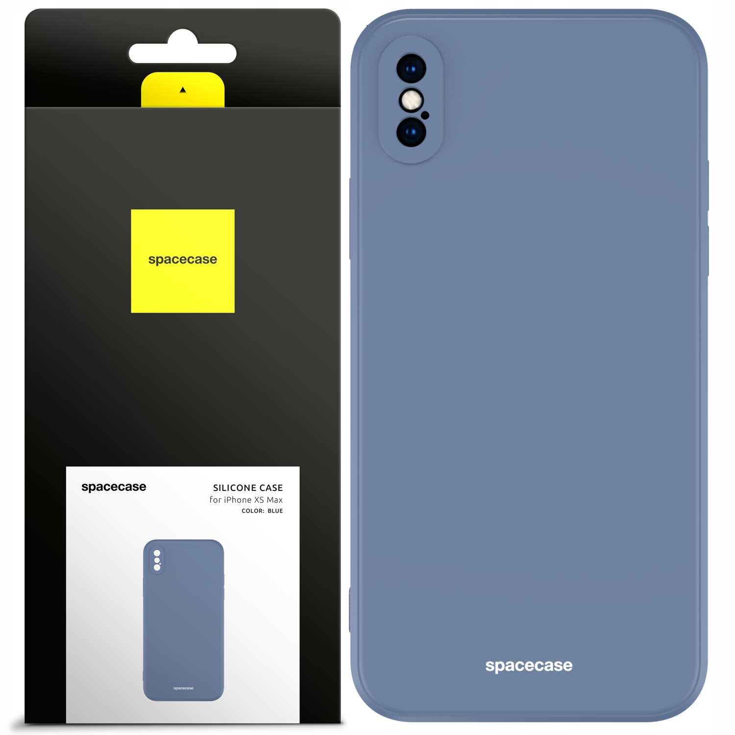 Niebieskie etui na telefon obok pudełka. Na pudełku widnieje napis Spacecase.