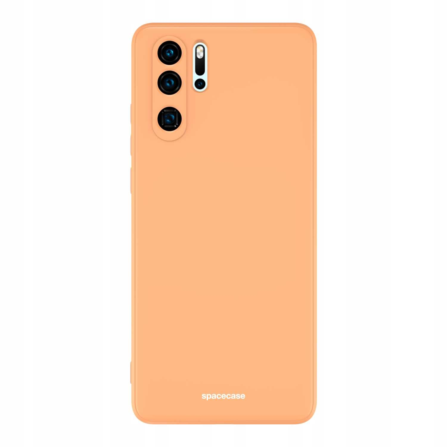 Brzoskwiniowe etui na telefon z otworami na aparat i logo 'spacecase' na dole na białym tle.