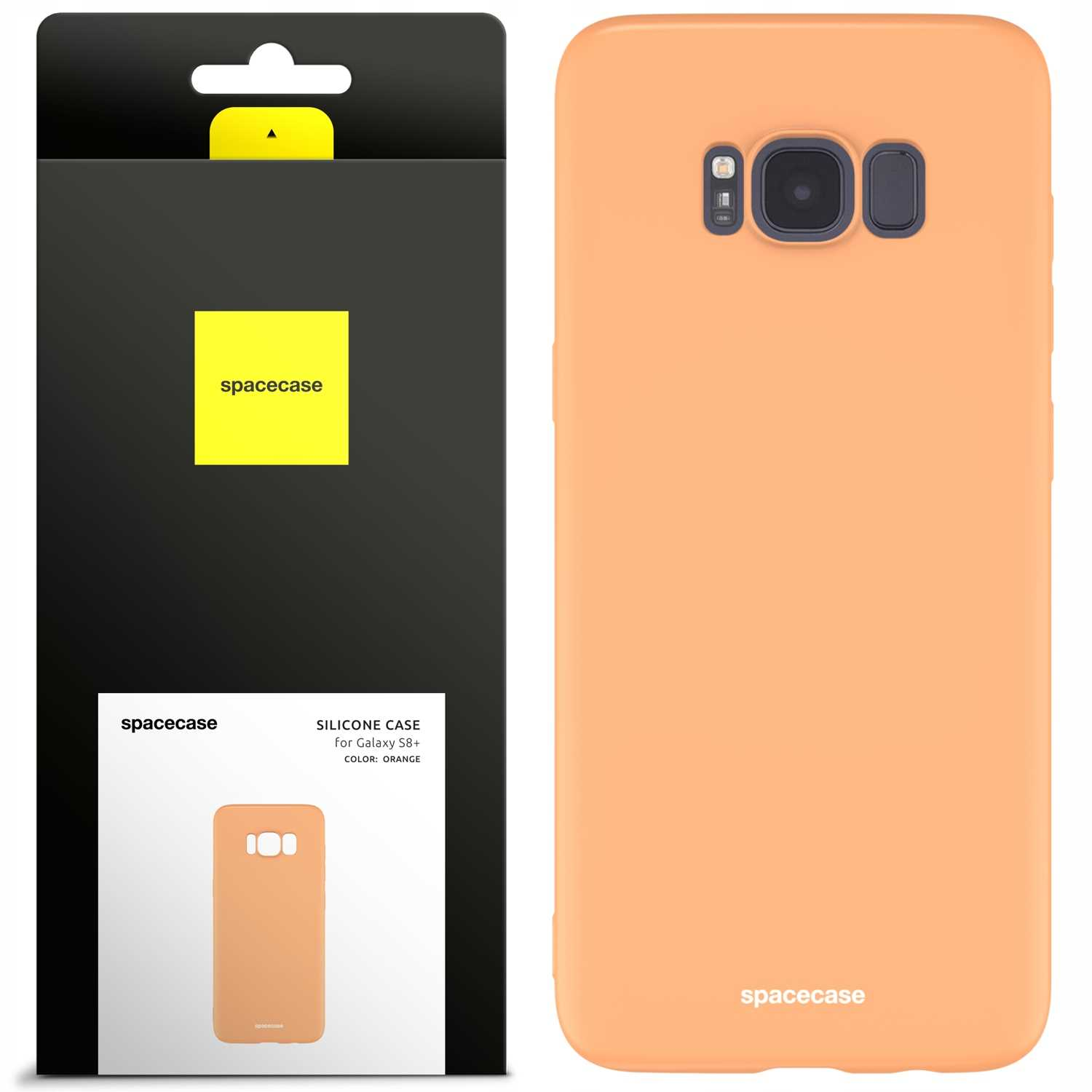 Pomarańczowe etui na telefon obok pudełka. Na pudełku widnieje napis Spacecase.