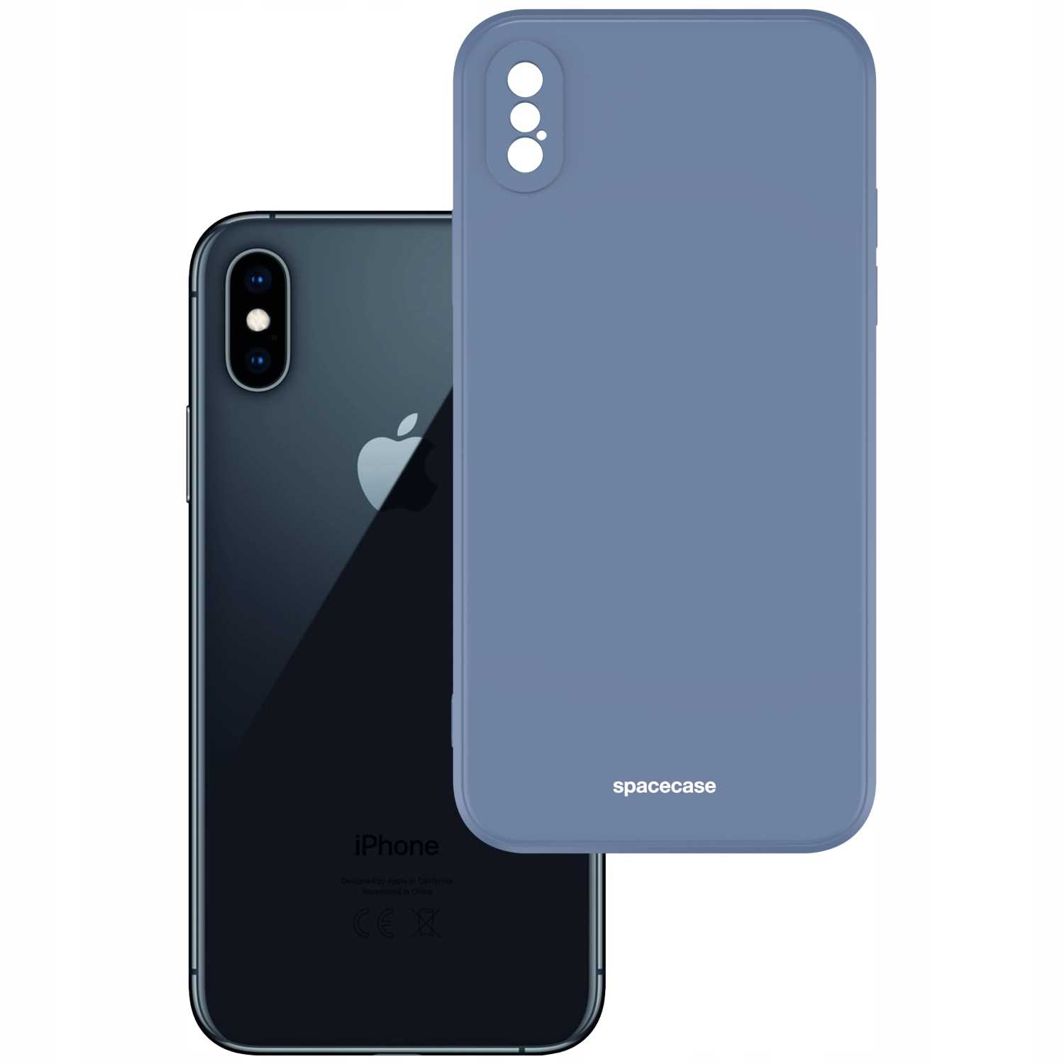 Niebieskie etui na telefon obok iPhone'a. Na etui widnieje napis Spacecase.