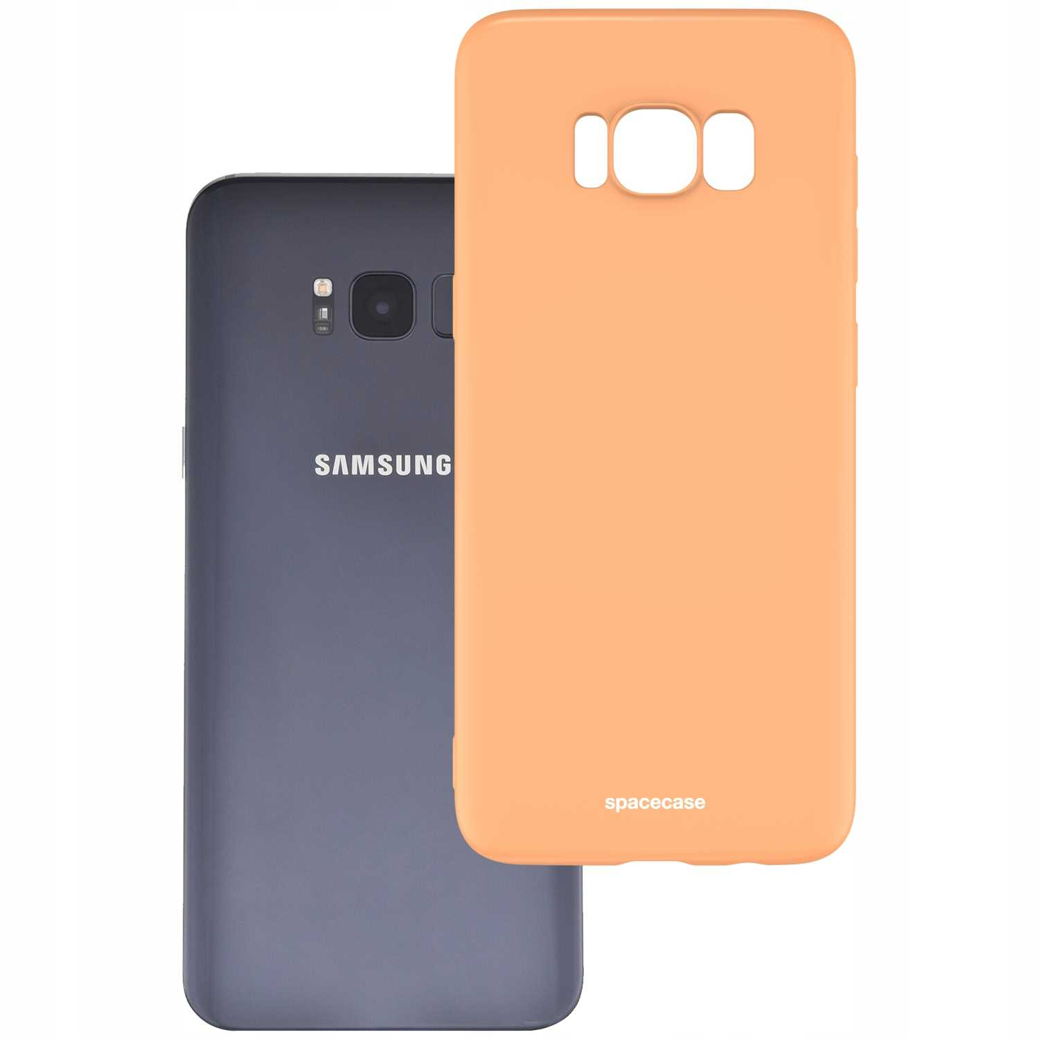 Pomarańczowe etui na telefon obok telefonu Samsung. Na etui widnieje napis Spacecase.