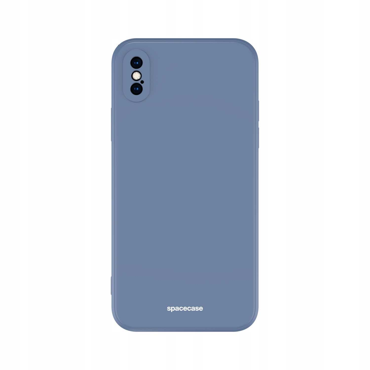 Niebieskie etui na telefon z logo „spacecase” jest wyśrodkowane na białym tle, prezentując wycięcia na aparat i czujniki.