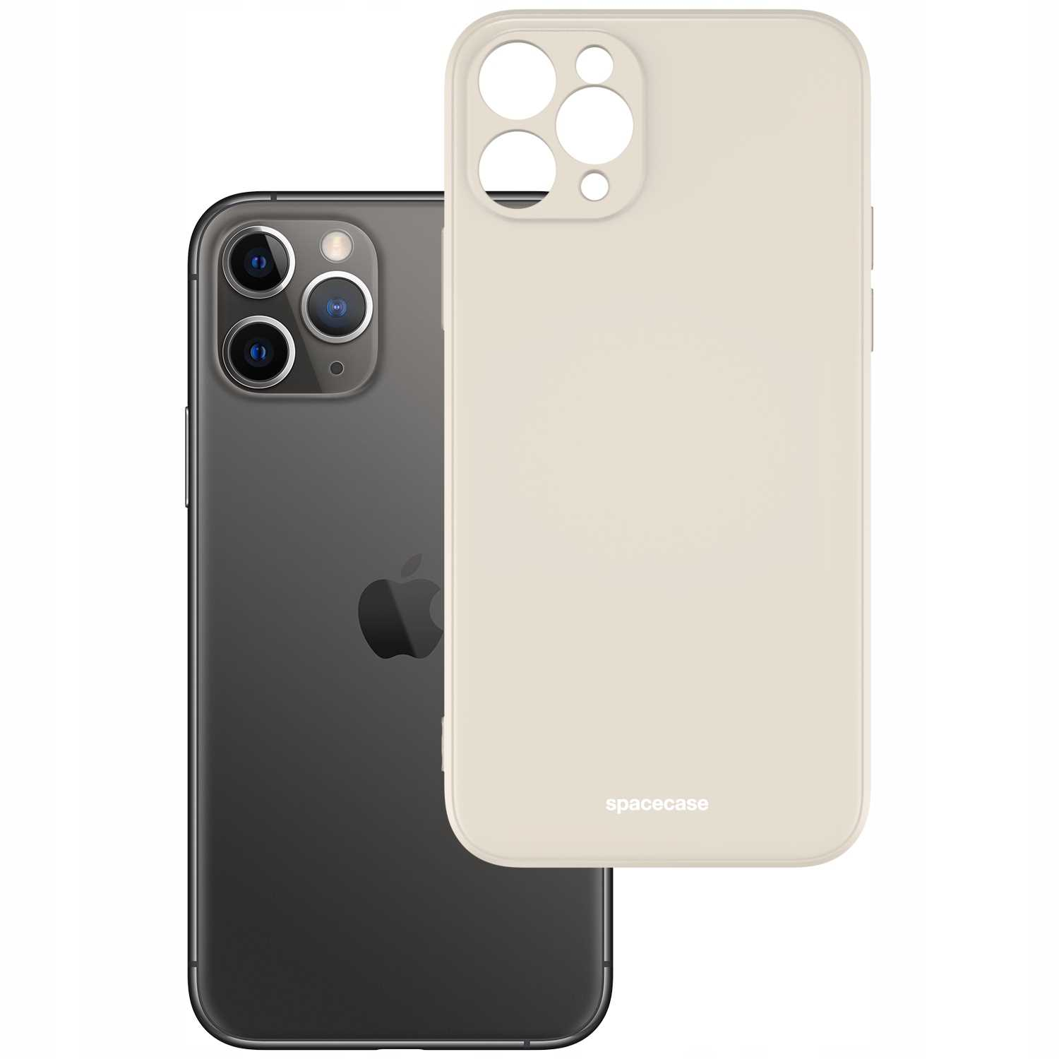 Czarny smartfon jest wyświetlany obok kremowego etui na telefon z napisem „spacecase”.