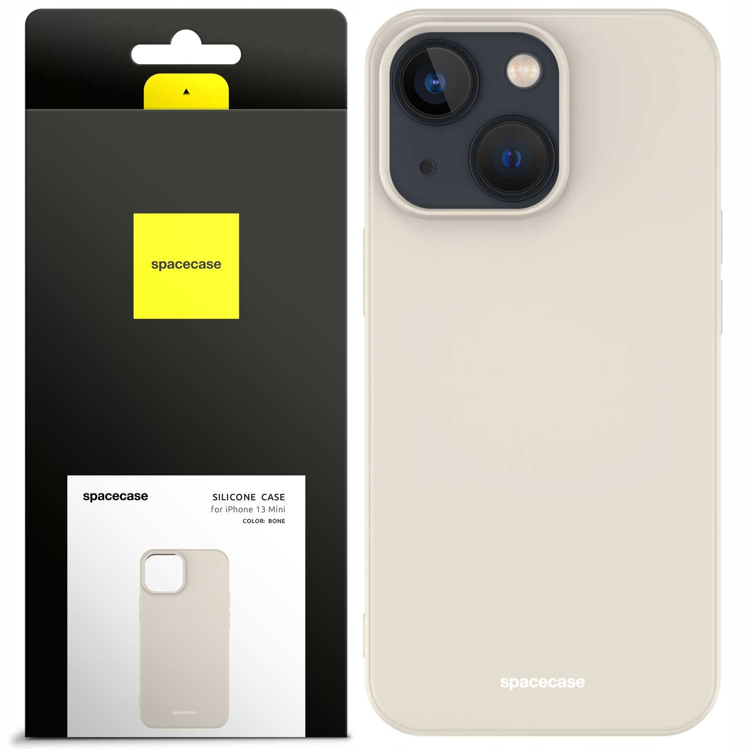 Beżowe silikonowe etui na iPhone'a 13 mini, obok opakowania.