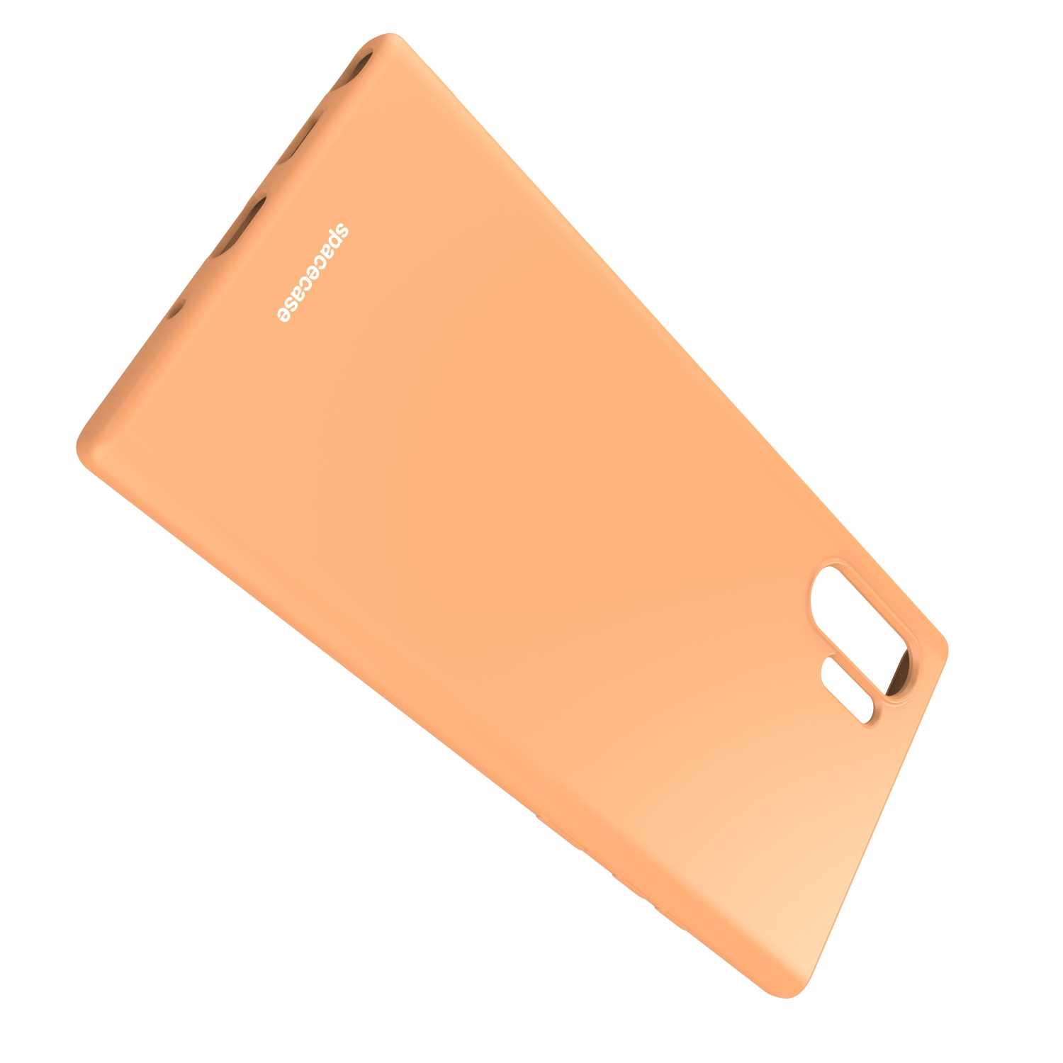 Pomarańczowe etui na telefon 'spacecase' jest wyświetlane na białym tle.