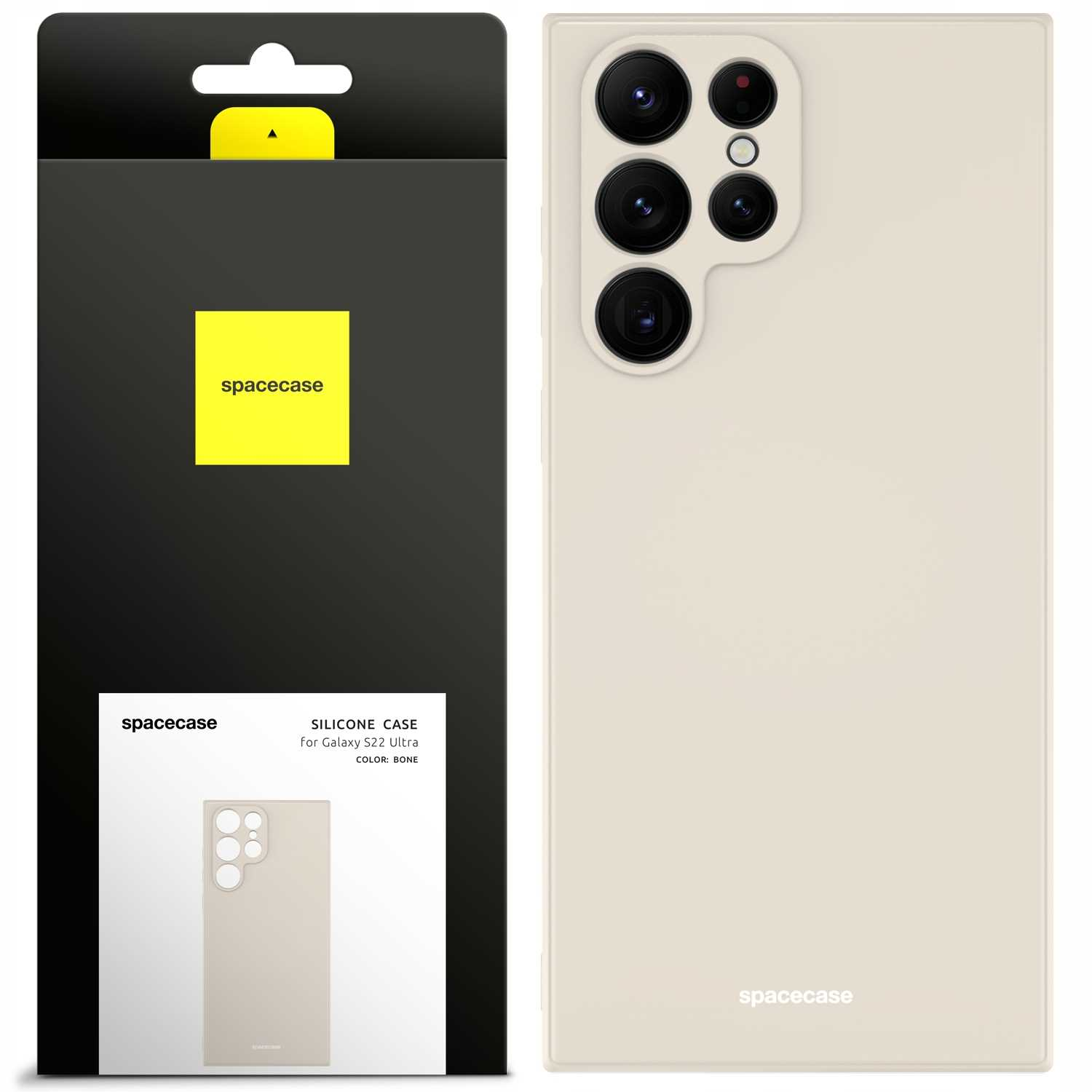 Beżowe silikonowe etui na Galaxy S22 Ultra, obok opakowania.