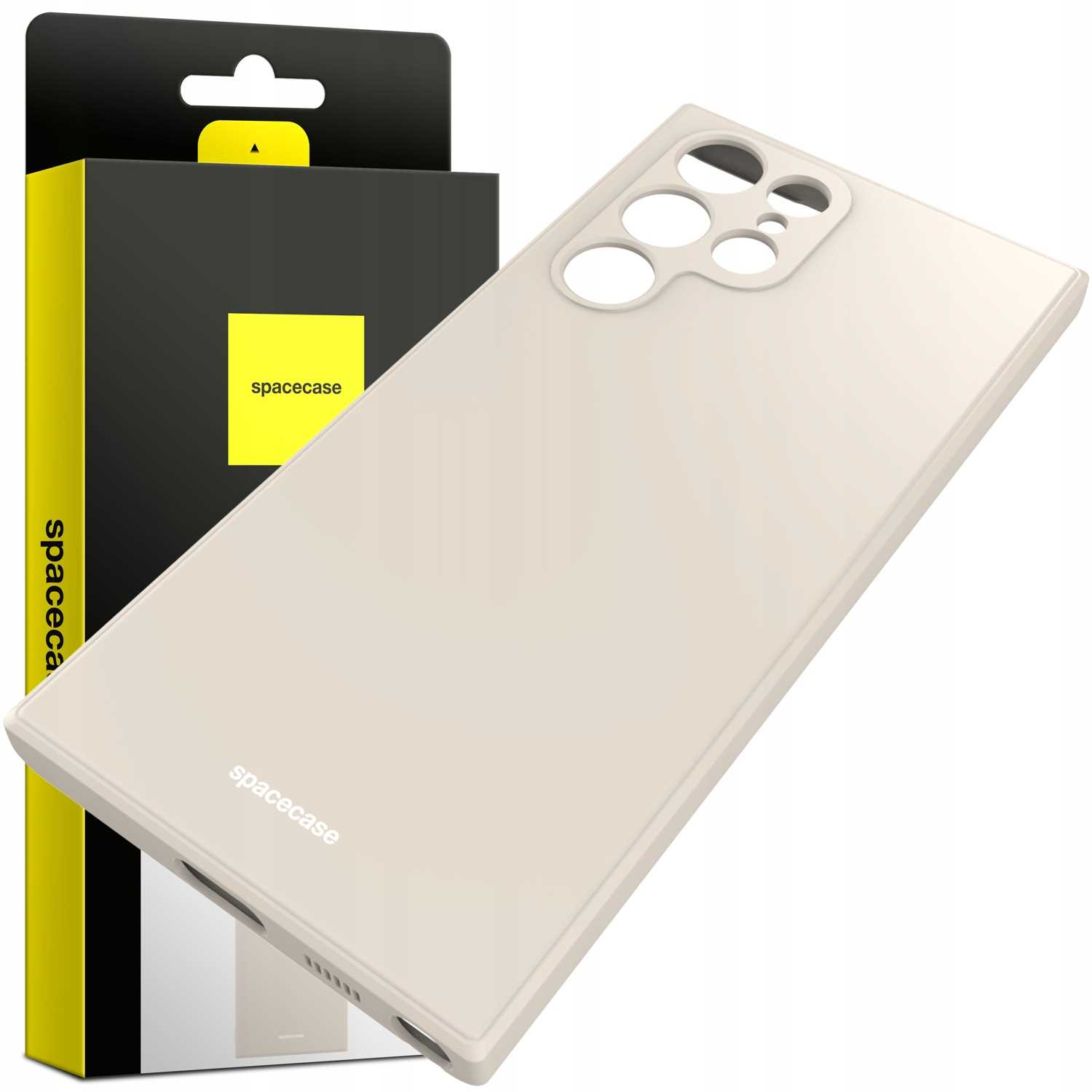 Beżowe silikonowe etui na Galaxy S22 Ultra obok opakowania.