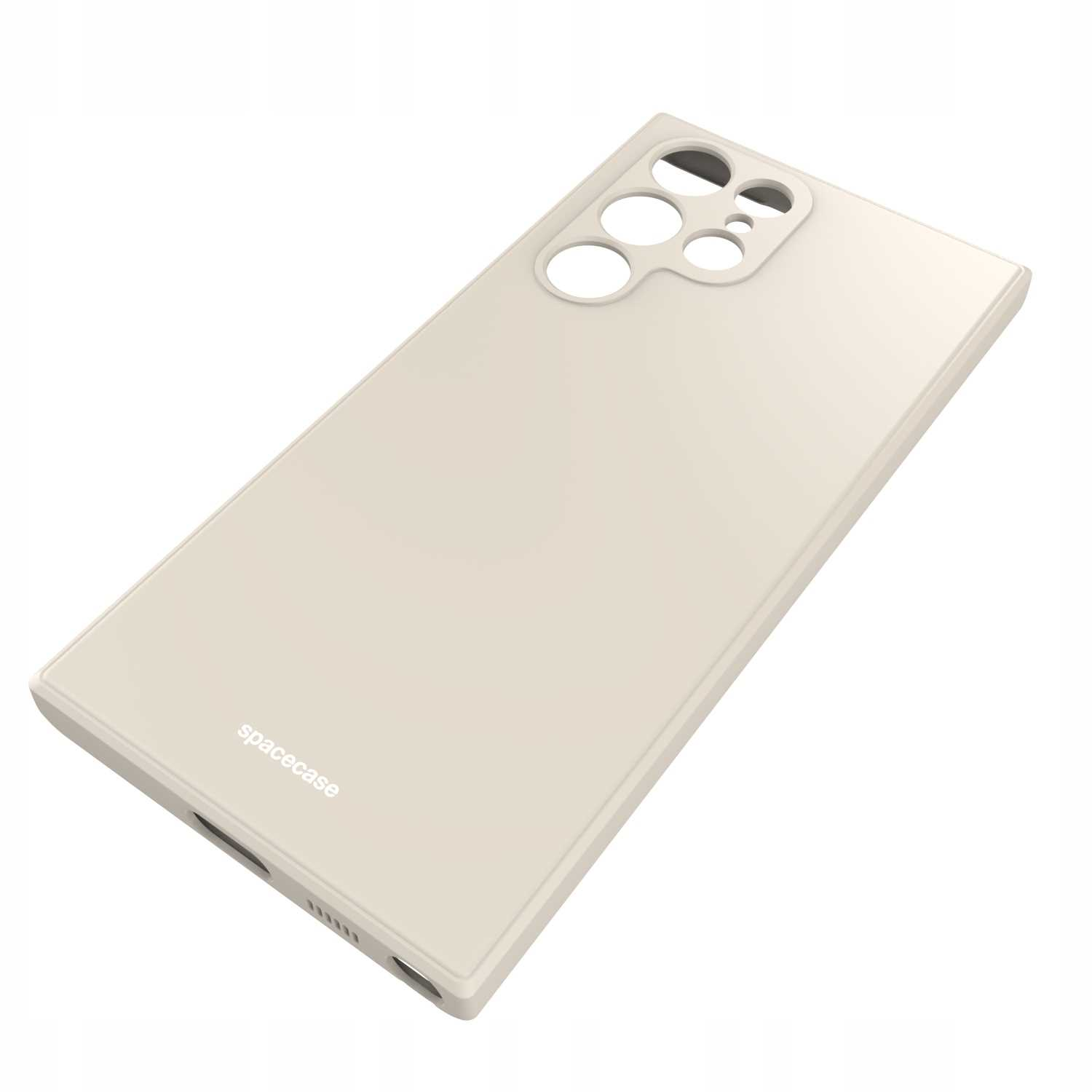 Beżowe etui na telefon z wycięciami na aparat. Nazwa marki „spacecase” widoczna w lewym dolnym rogu.