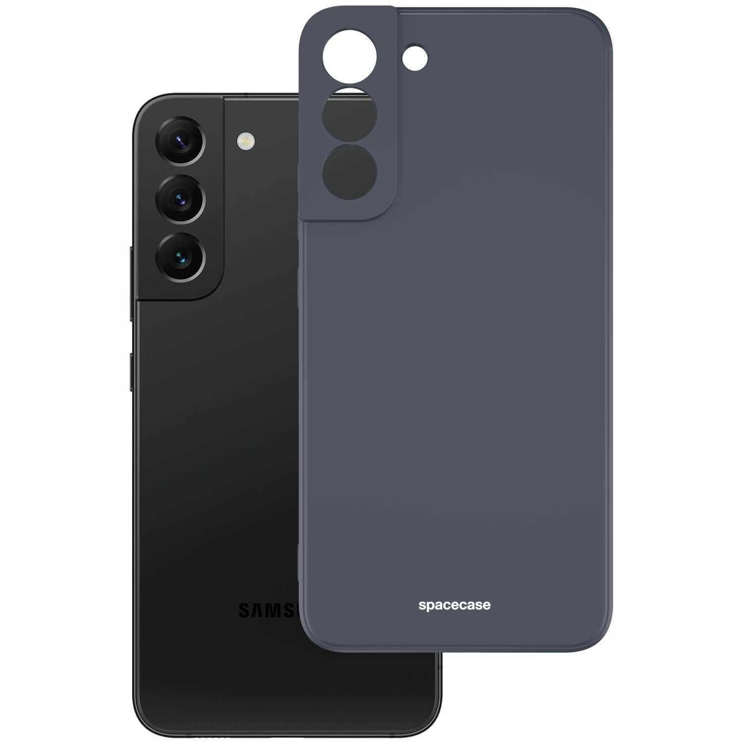 Czarny smartfon z ciemnoniebieskim etui na telefon, oba firmy spacecase, na białym tle.