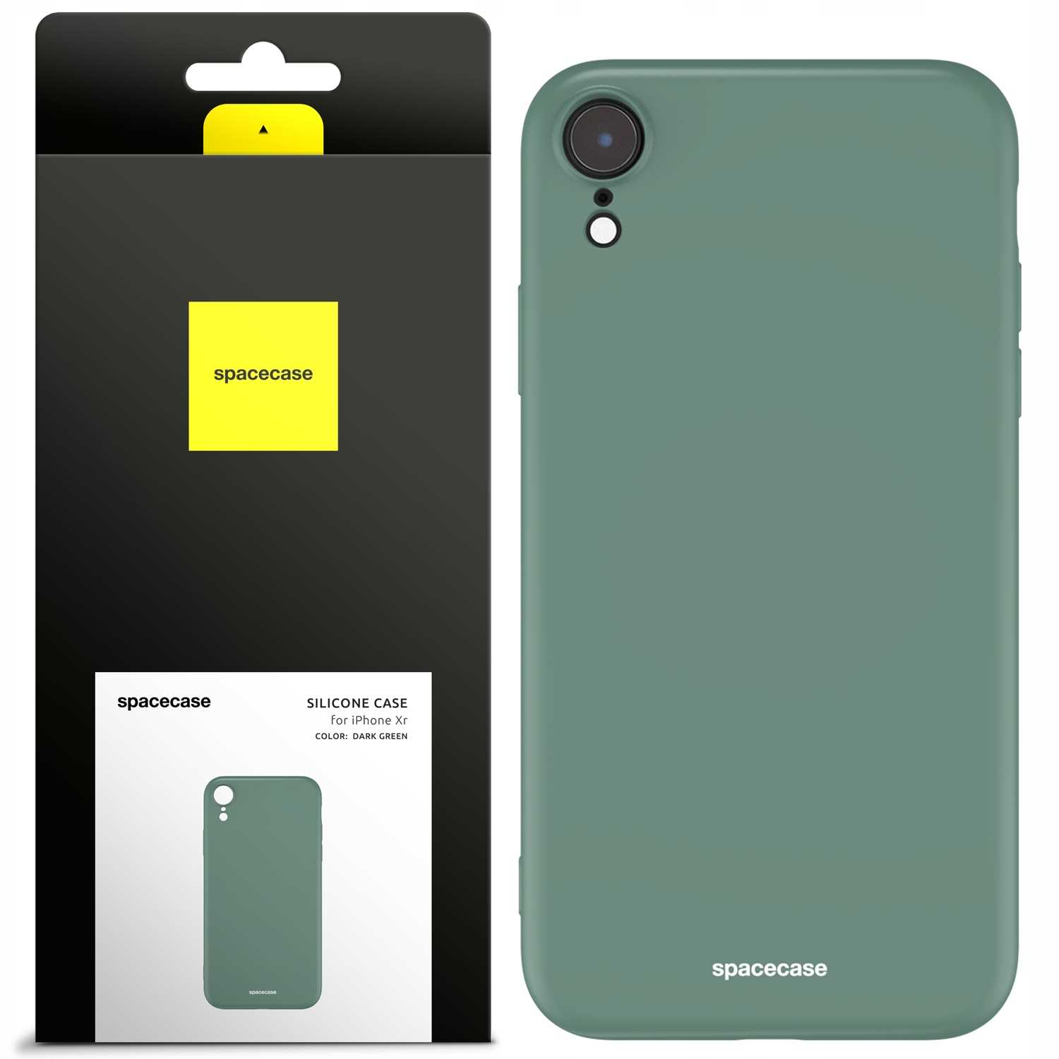 Ciemnozielona obudowa telefonu Spacecase z opakowaniem na białym tle.