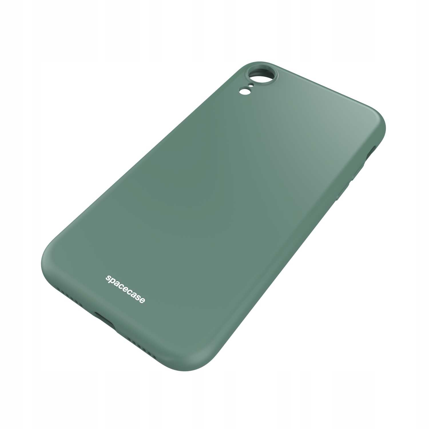 Zielone etui na telefon jest ustawione pod kątem na białej powierzchni, wyświetlając logo 'spacecase'.