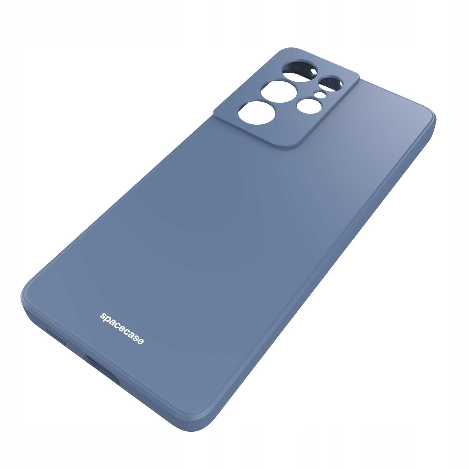 Niebieskie etui na telefon z wieloma obiektywami aparatu jest ustawione pod kątem na białej powierzchni, z logo 'spacecase'.