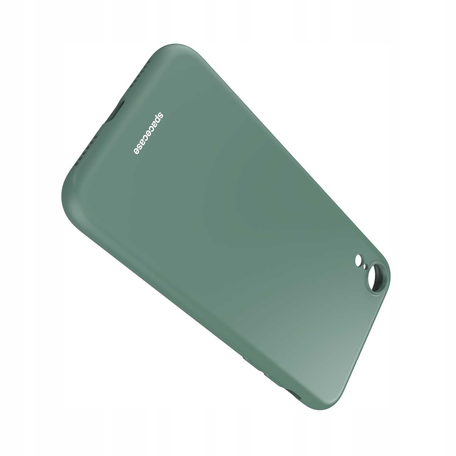 Zielone etui na telefon jest ustawione pod kątem na białej powierzchni, z widocznym logo 'spacecase'.
