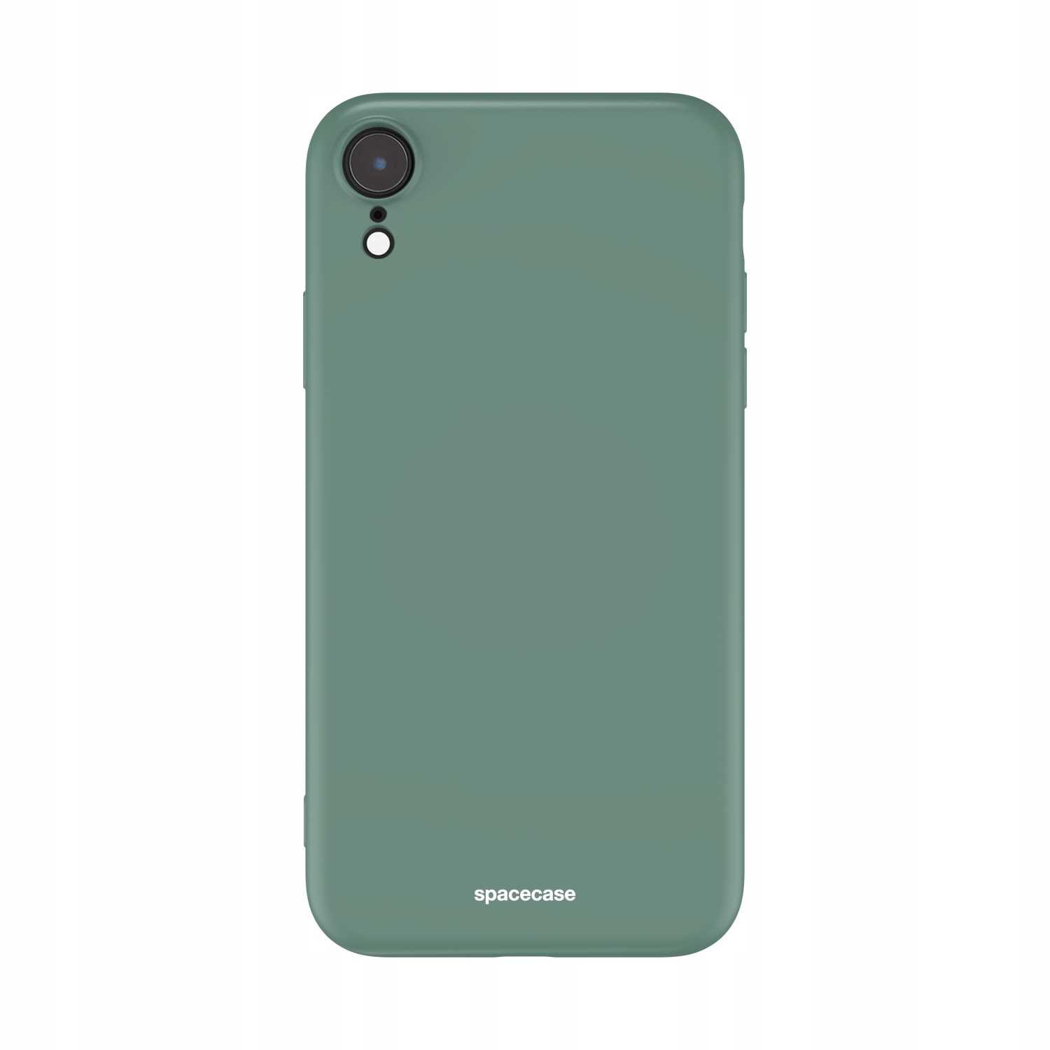 Zielone etui na telefon z pojedynczym obiektywem aparatu jest wyświetlane na białej powierzchni z logo 'spacecase'.
