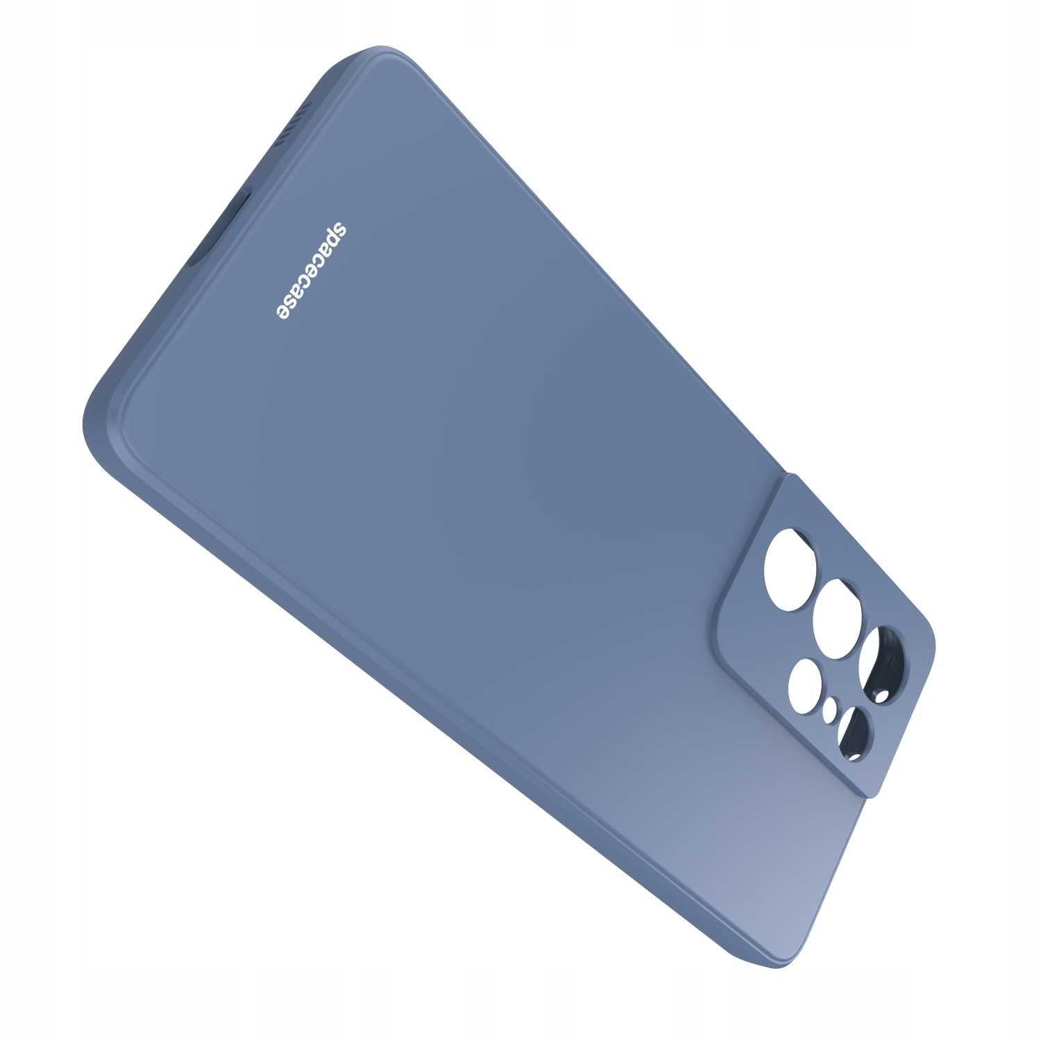Niebieskie etui na telefon z wieloma obiektywami aparatu jest ustawione pod kątem na białej powierzchni, prezentując logo 'spacecase'.