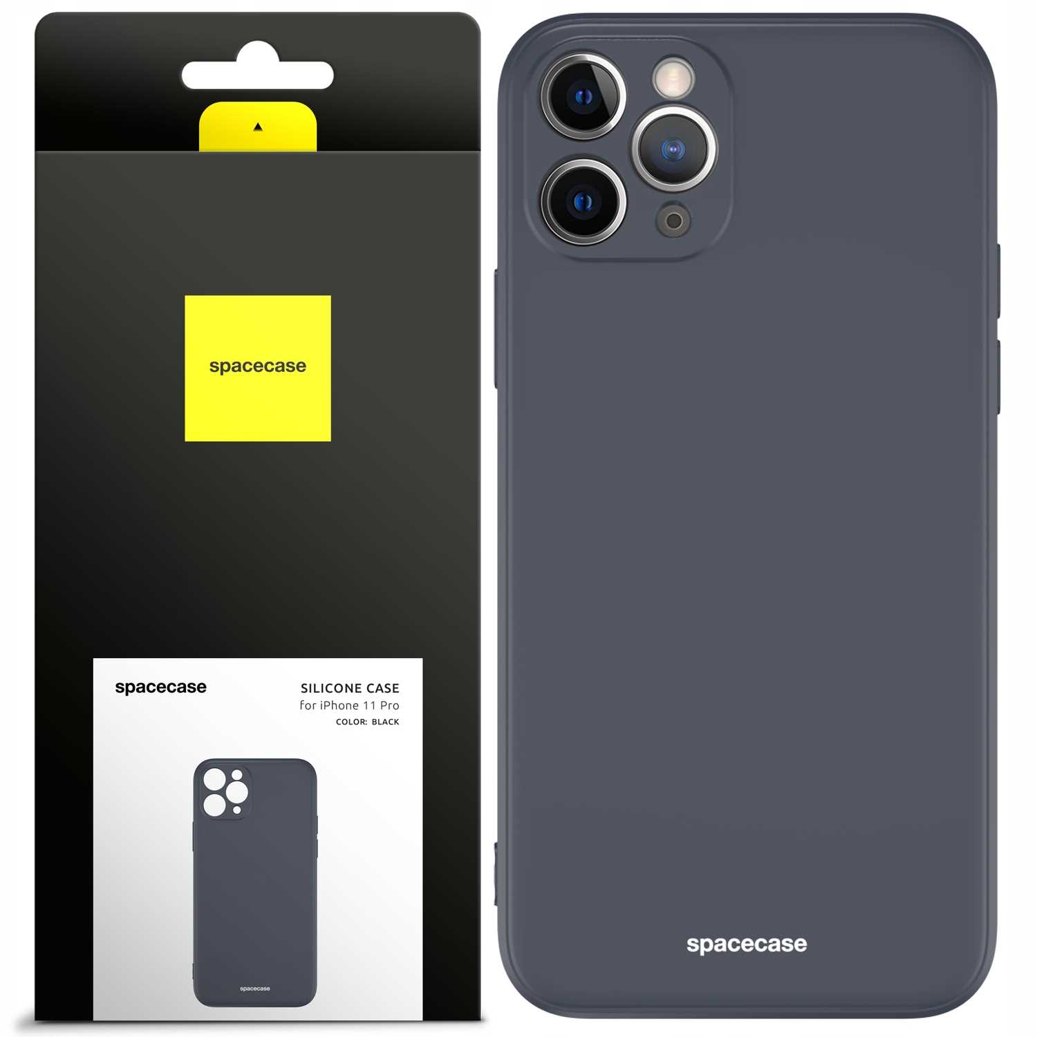 Czarne etui na telefon obok opakowania z logo 'spacecase'.