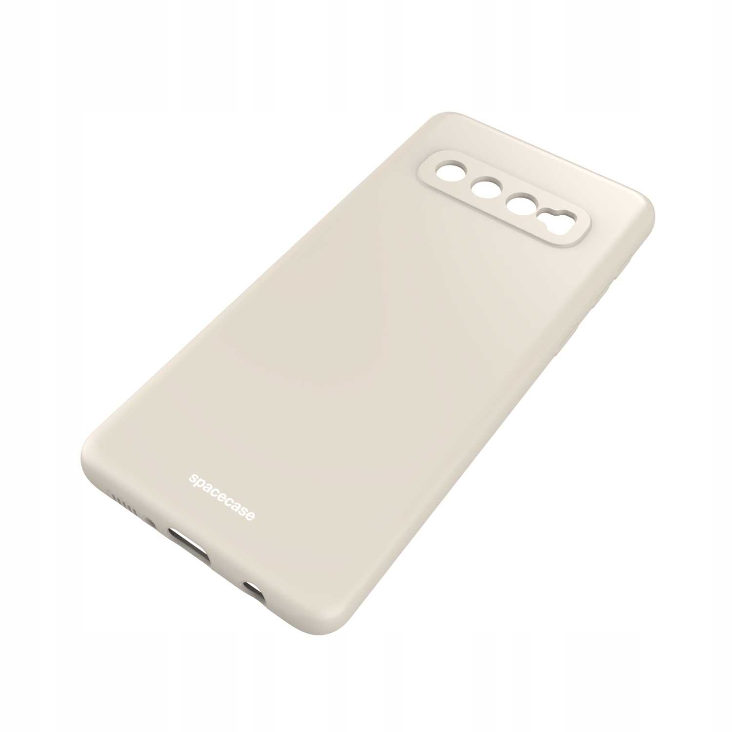 Ukośny widok beżowego etui na telefon z wycięciami na aparat i logo „spacecase”.
